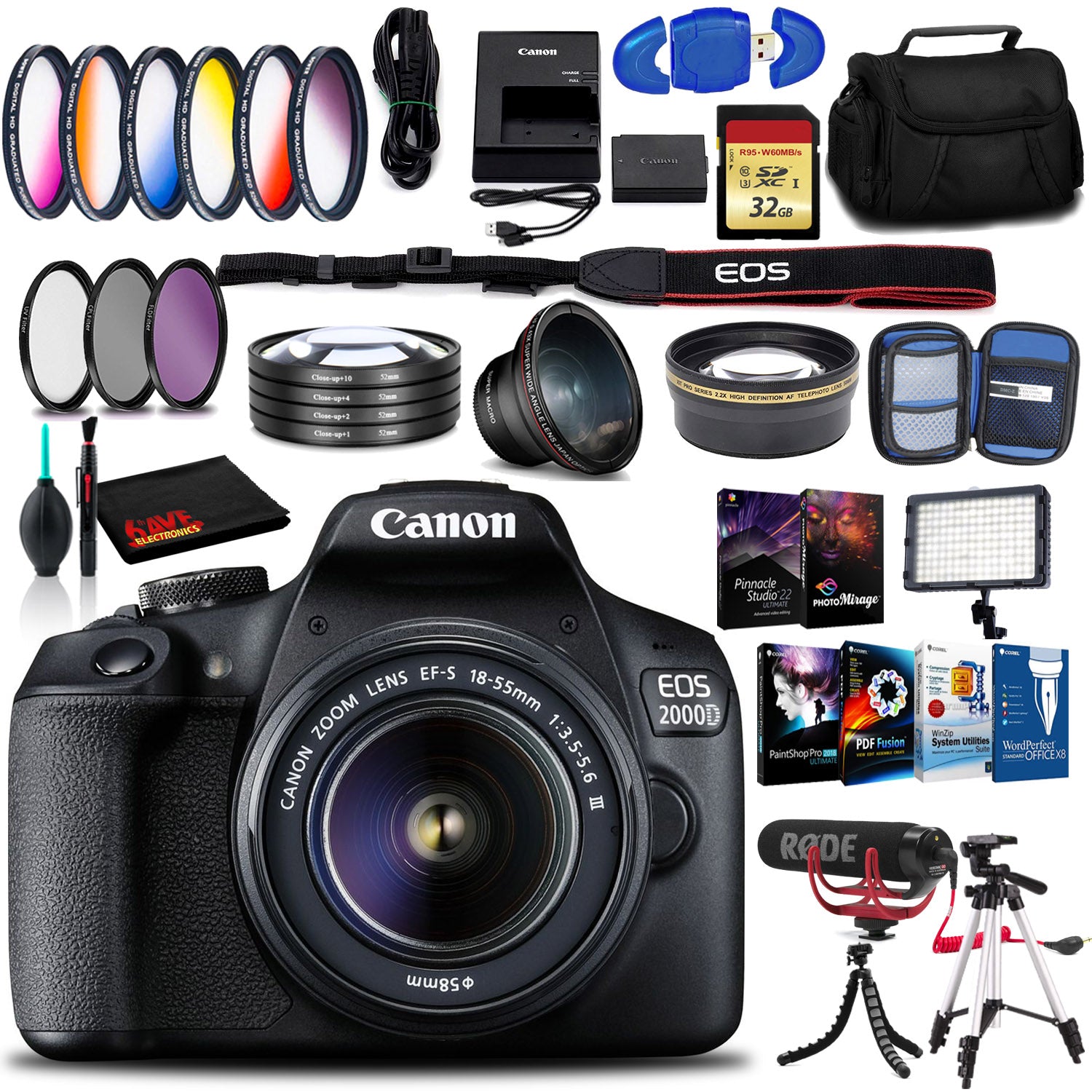 Canon EOS 2000D DSLR Camera with EF-S 18-55 mm f/3.5-5.6 III Lens (Intl Model) with Memory Kit, Mic, LED Light, and More