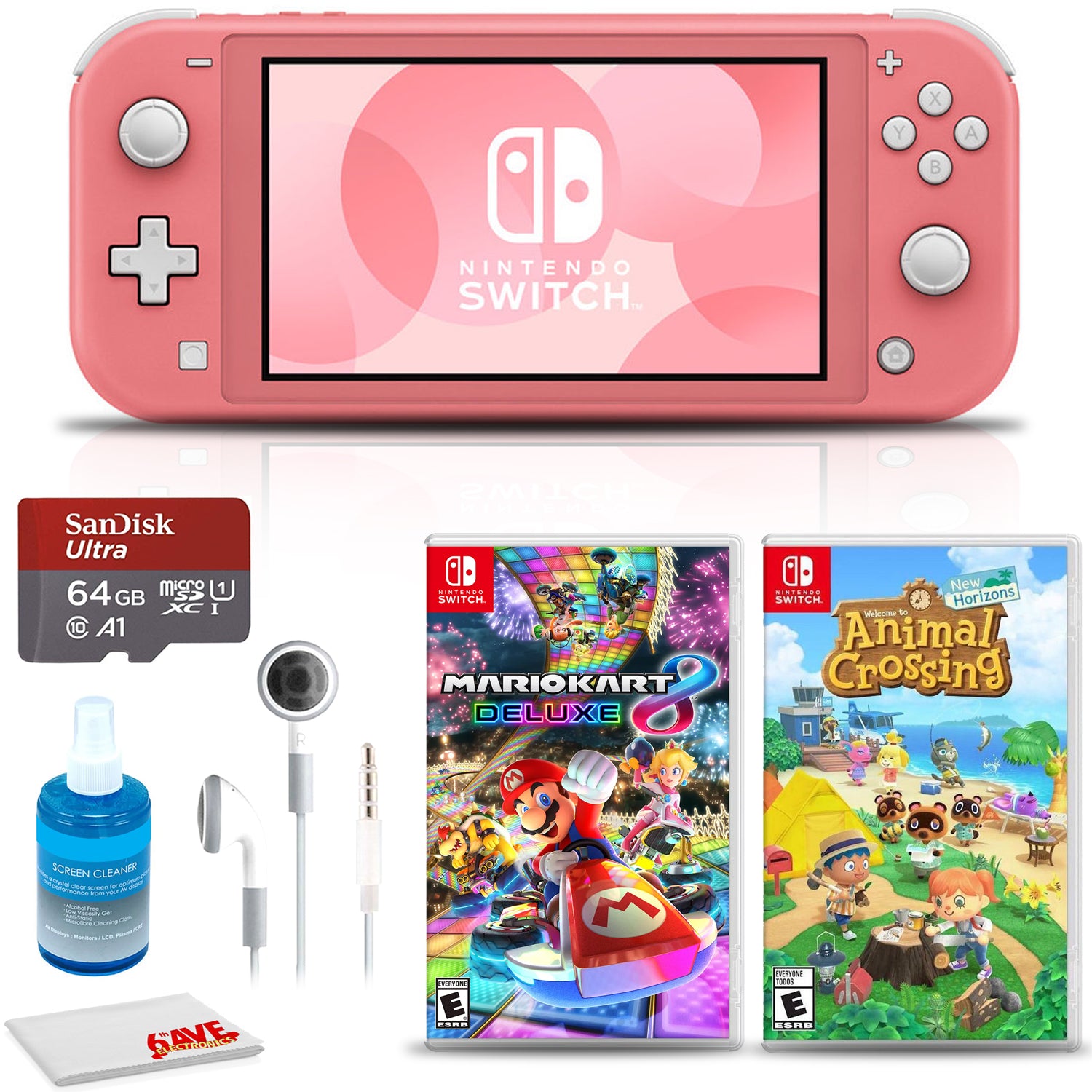 Nintendo Switch Lite (Coral) with Animal Crossing + Mario Kart + 64GB Memory + More