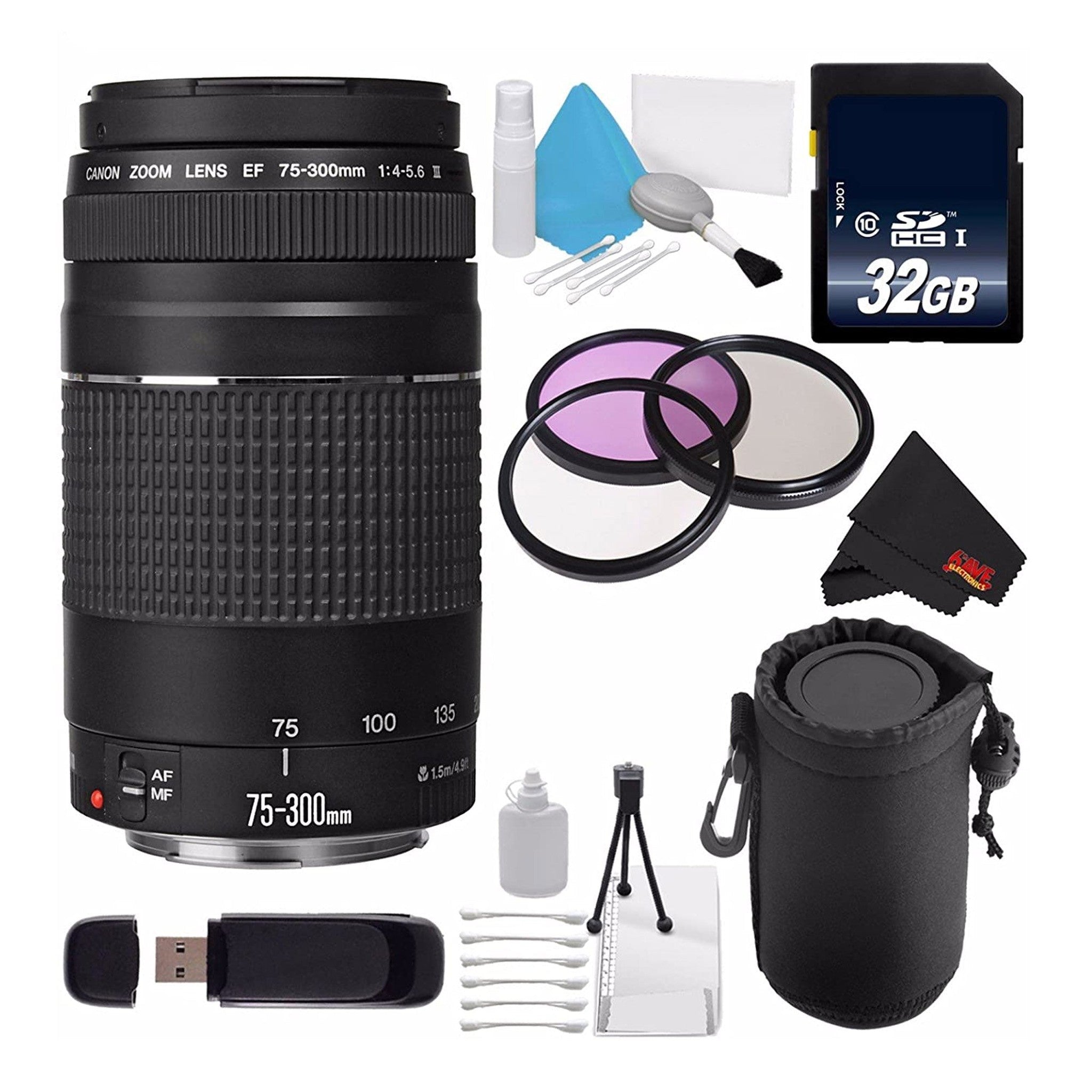 Canon EF 75-300mm f/4-5.6 III Telephoto Zoom Lens 6473A003 + 58mm 3 Piece Filter Kit + SD Card + 32GB SDHC Memory Card Bundle