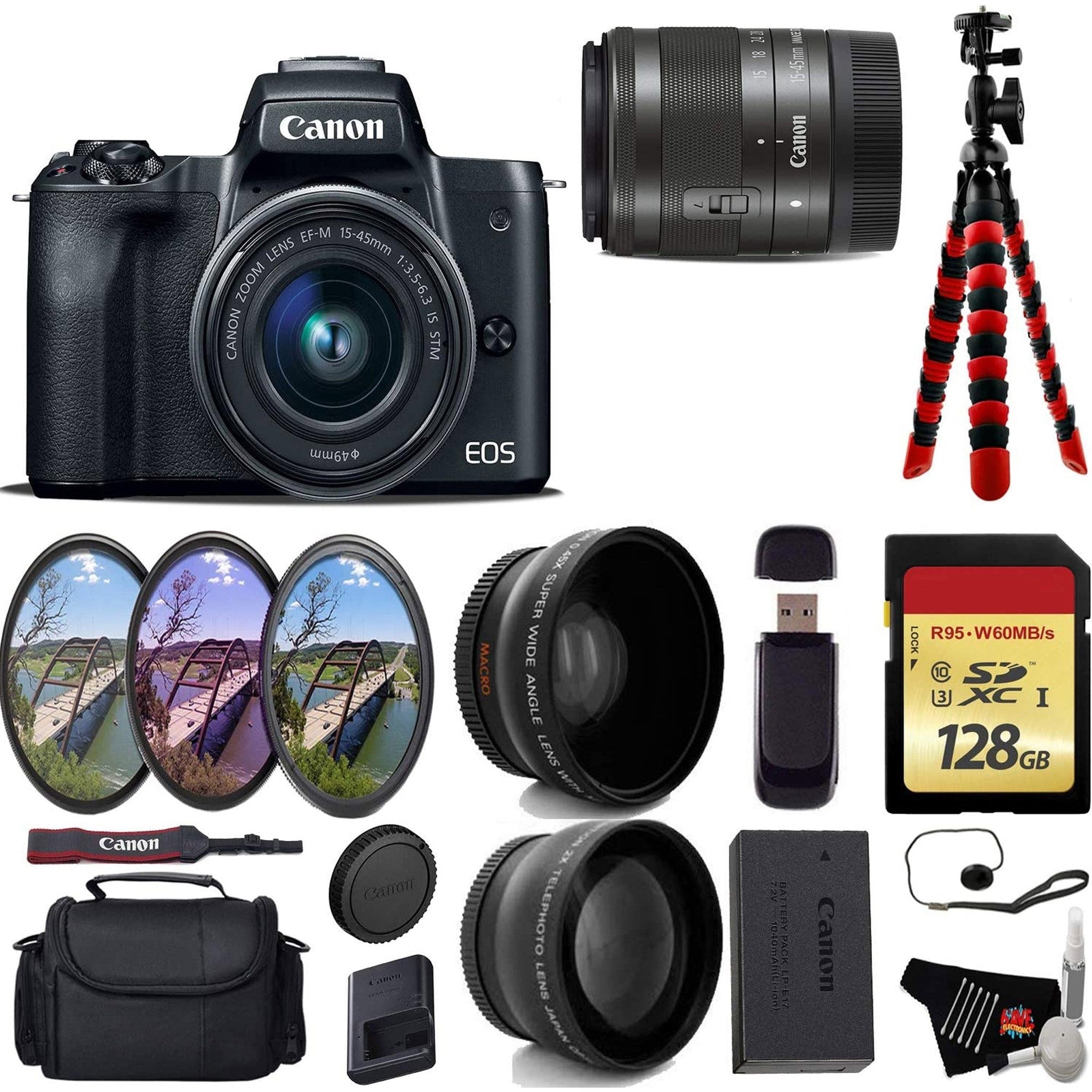 Canon EOS M50 Mirrorless Digital Camera with 15-45mm Lens + UV FLD CPL Filter Kit + Wide Angle & Telephoto Lens + Camera Canon