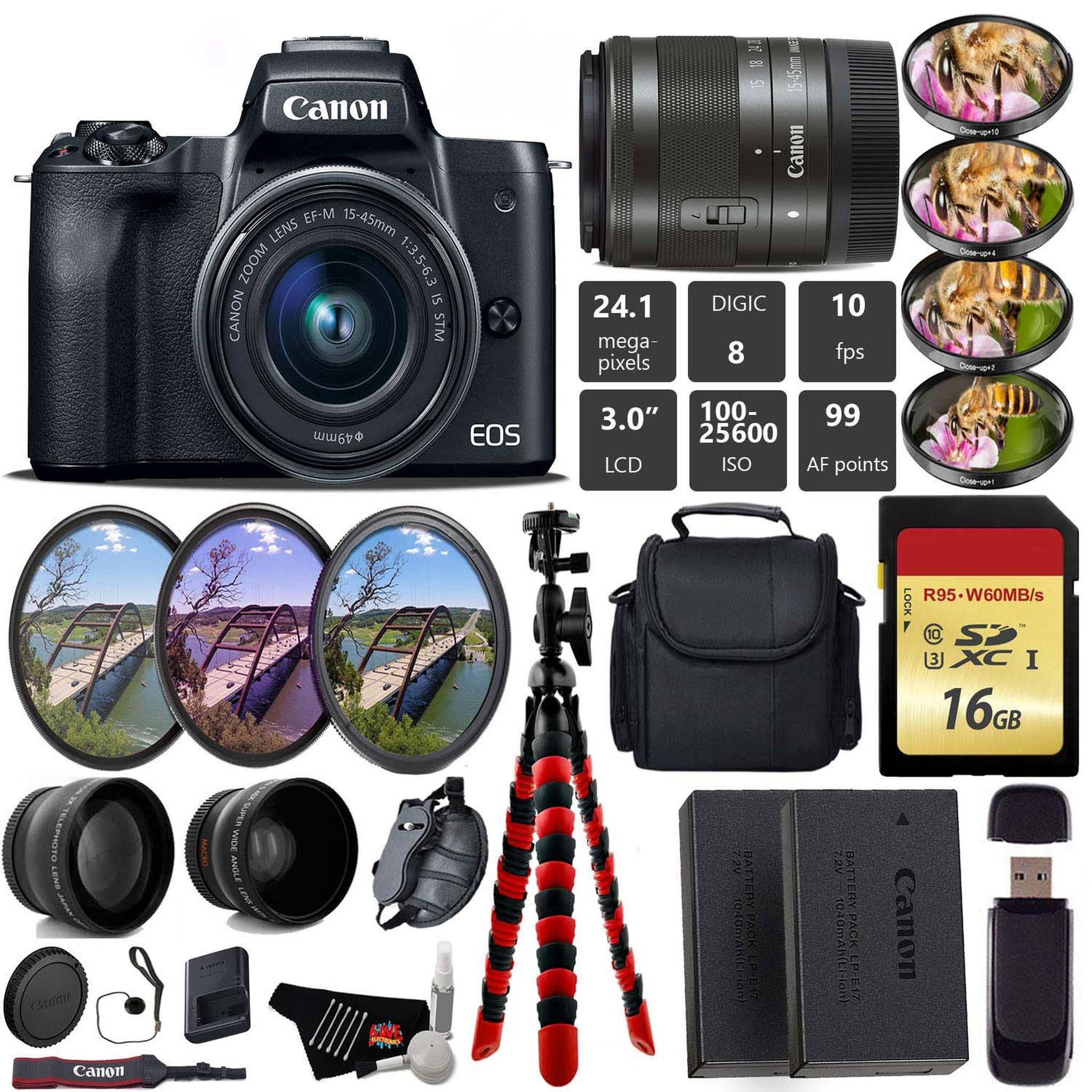 Canon EOS M50 Mirrorless Digital Camera with 15-45mm Lens + UV FLD CPL Filter Kit + 4 PC Macro Kit + Wide Angle & Teleph Canon