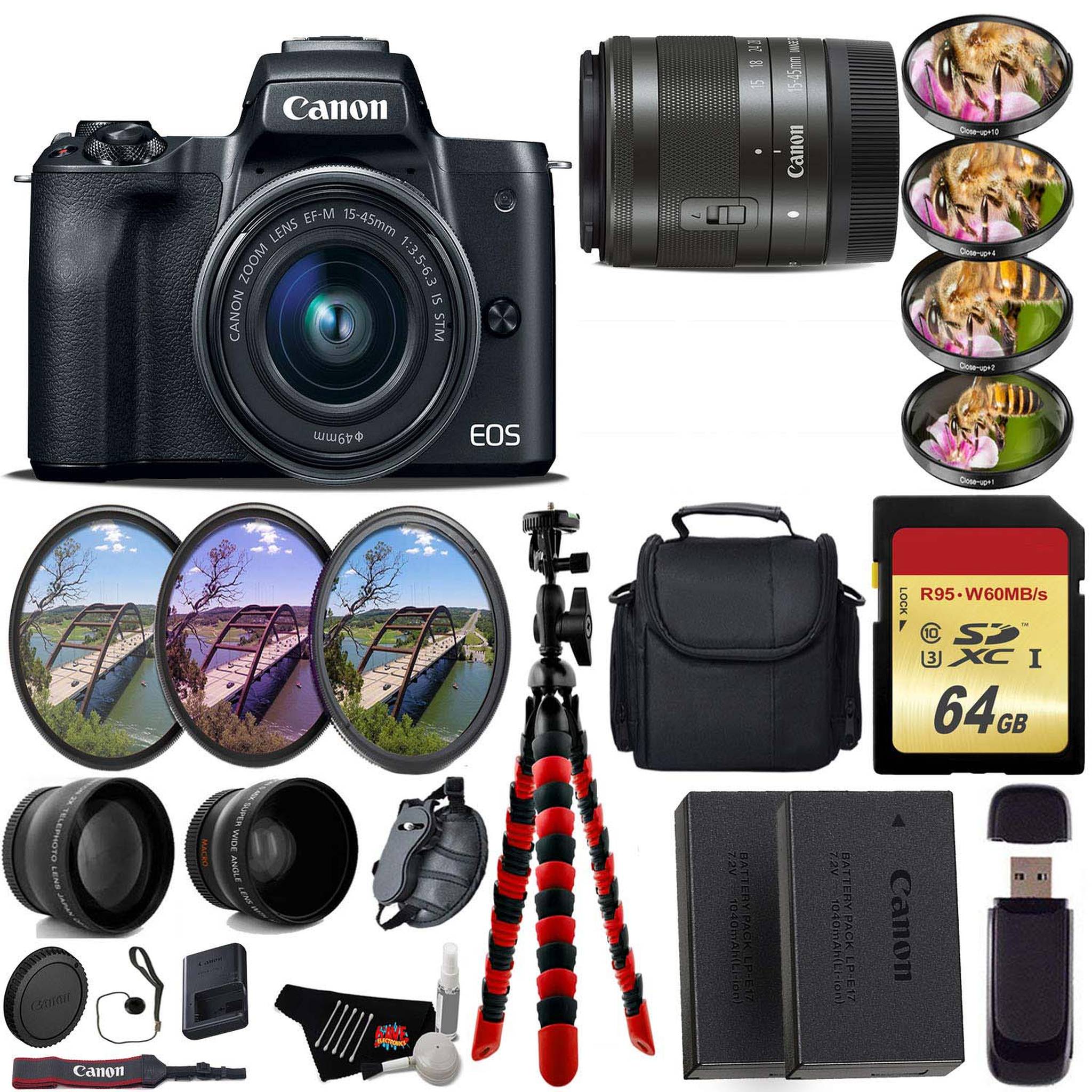 Canon EOS M50 Mirrorless Digital Camera with 15-45mm Lens + UV FLD CPL Filter Kit + 4 PC Macro Kit + Wide Angle & Teleph Canon