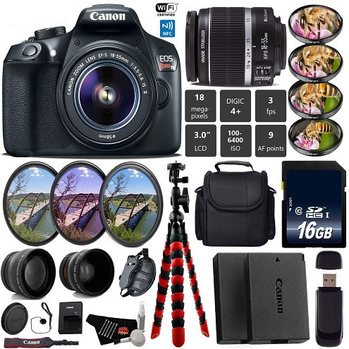Canon EOS Rebel T6 DSLR Camera with 18-55mm is II Lens + UV FLD CPL Filter Kit + 4 PC Macro Kit + Wide Angle & Telephoto Lens Base Bundle