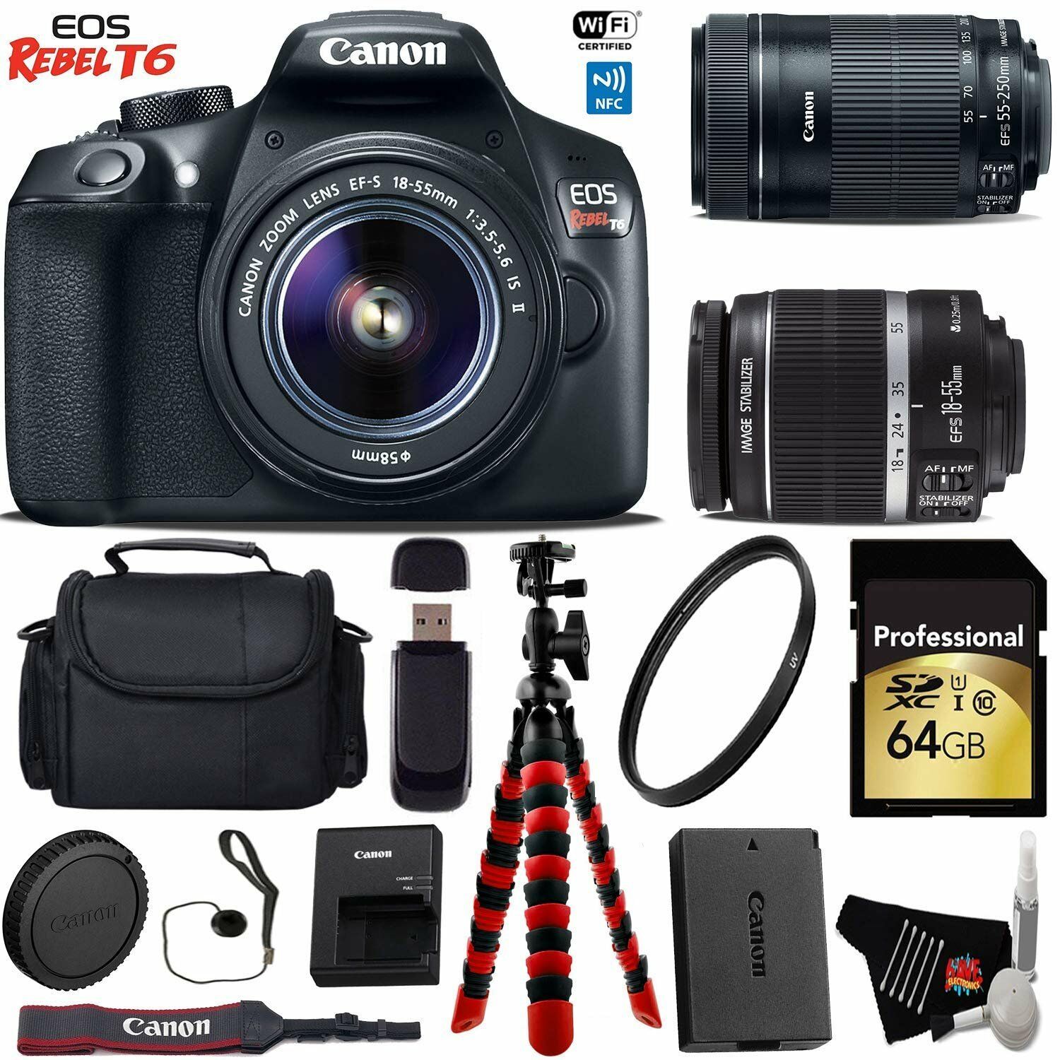 Canon EOS Rebel T6 DSLR Camera 18-55mm is Lens & 55-250mm is STM Lens + Flexible Tripod + UV Protection Filter + Profess
