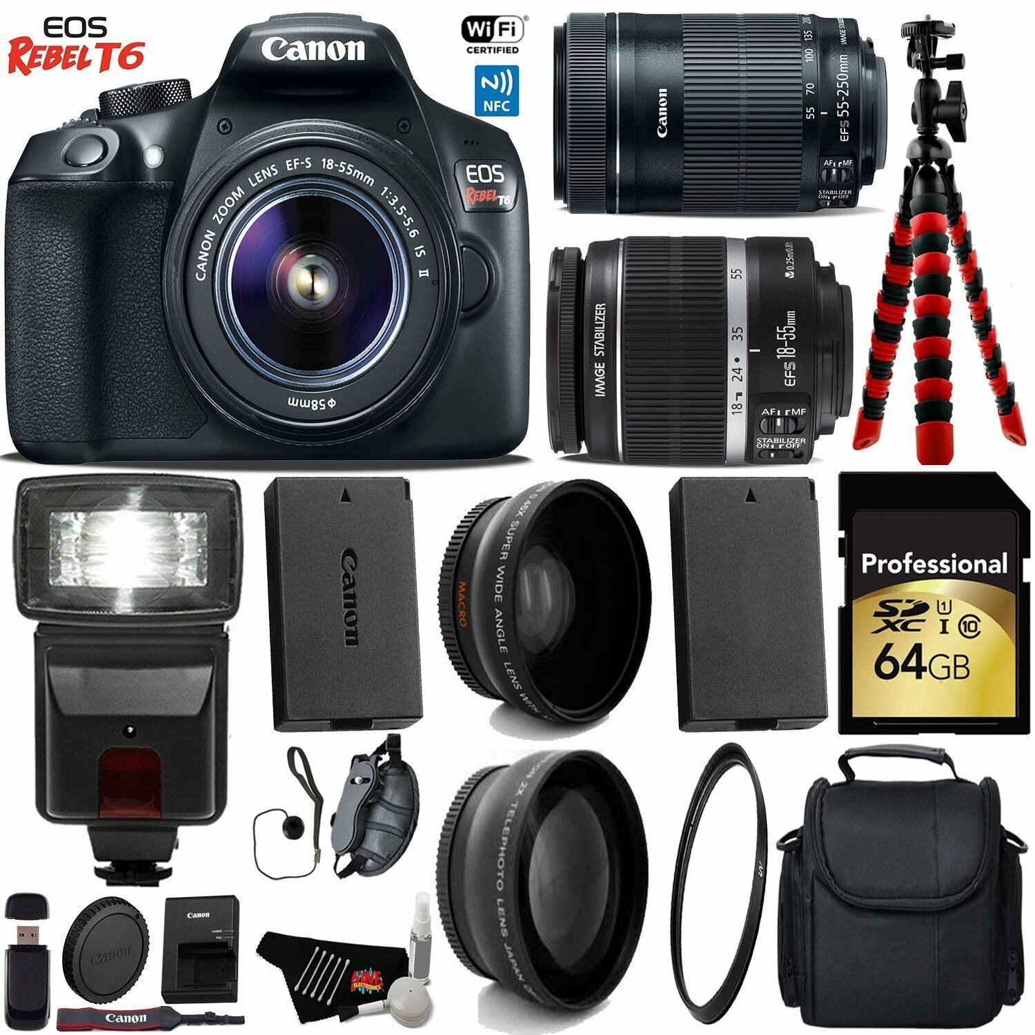 Canon EOS Rebel T6 DSLR Camera 18-55mm is Lens & 55-250mm is STM Lens + Flash + UV FLD CPL Filter Kit + Wide Angle & Tel