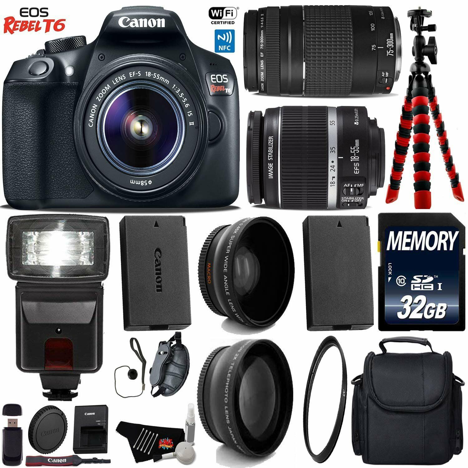 Canon EOS Rebel T6 DSLR Camera 18-55mm is II Lens & 75-300mm III Lens + Flash + UV FLD CPL Filter Kit Starter Bundle