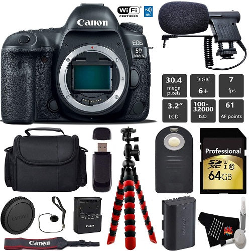 Canon EOS 5D Mark IV DSLR Camera (Body Only) + Wireless Remote + Condenser Microphone + Case + Wrist Strap + Tripod Pro Bundle