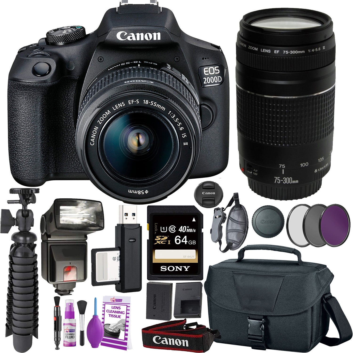 Canon EOS 2000D (Rebel t7) DSLR Camera and EF-S 18-55 mm f/3.5-5.6 IS II Lens + 75-300mm Telephoto Zoom Lens + 64GB Memory Card