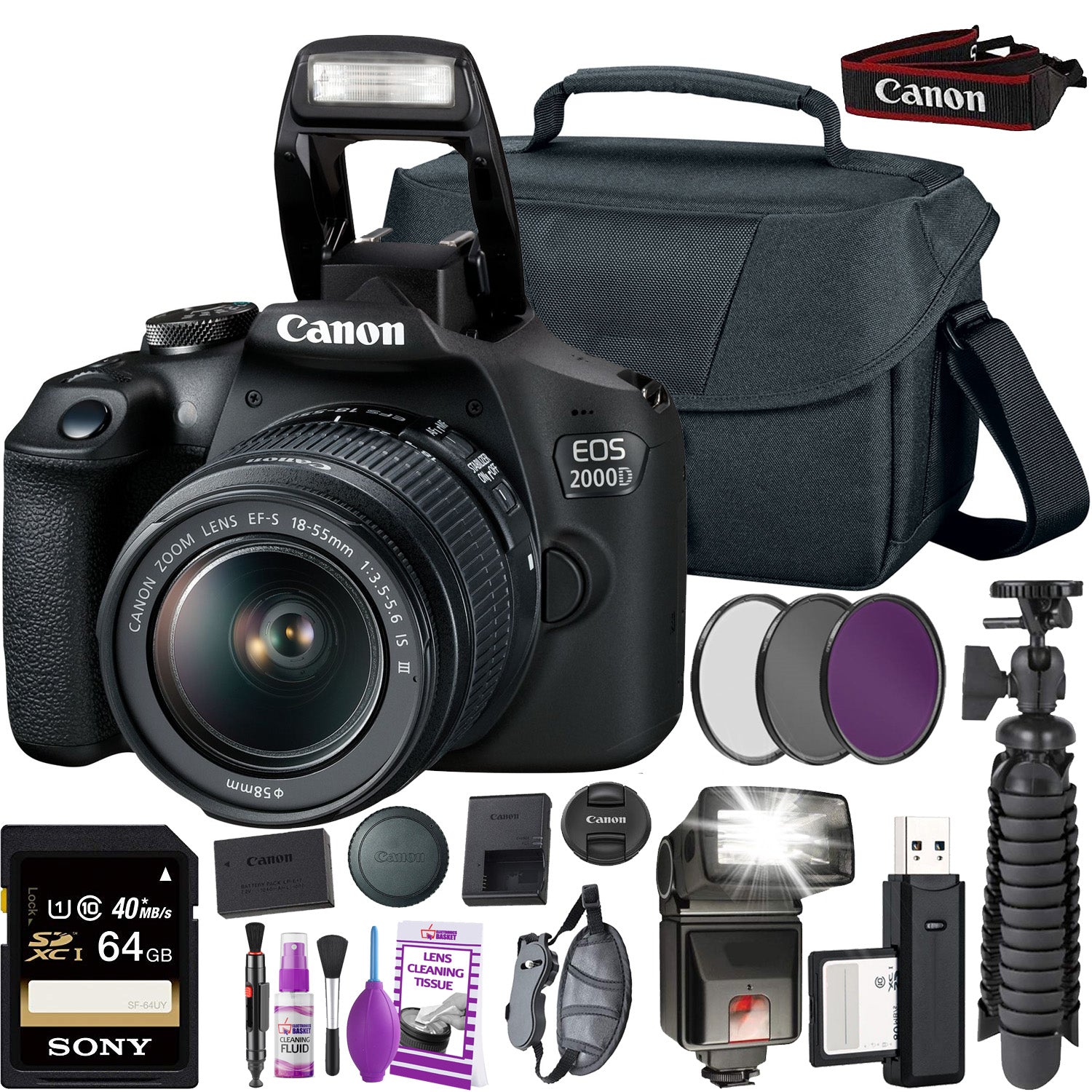Canon EOS 2000D Rebel t7 DSLR Camera and EF-S 18-55 mm f/3.5-5.6 IS III Lens + 64GB Memory Card + Camera Bag + Cleaning Kit