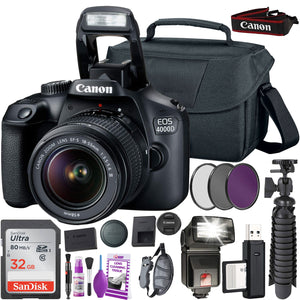 Canon EOS 4000D DSLR Camera & EF-S 18-55 mm f/3.5-5.6 III Lens + 64GB Memory Card + Camera Bag + Cleaning Kit + Table Tripod