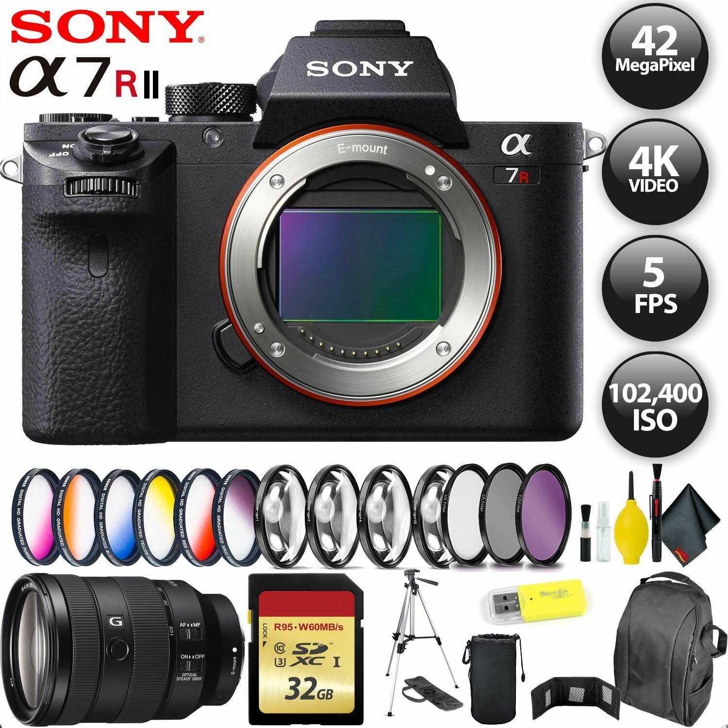 Sony Alpha a7R II Mirrorless Digital Camera International Model + 32GB Memory Card + Sony FE 24-105mm Lens