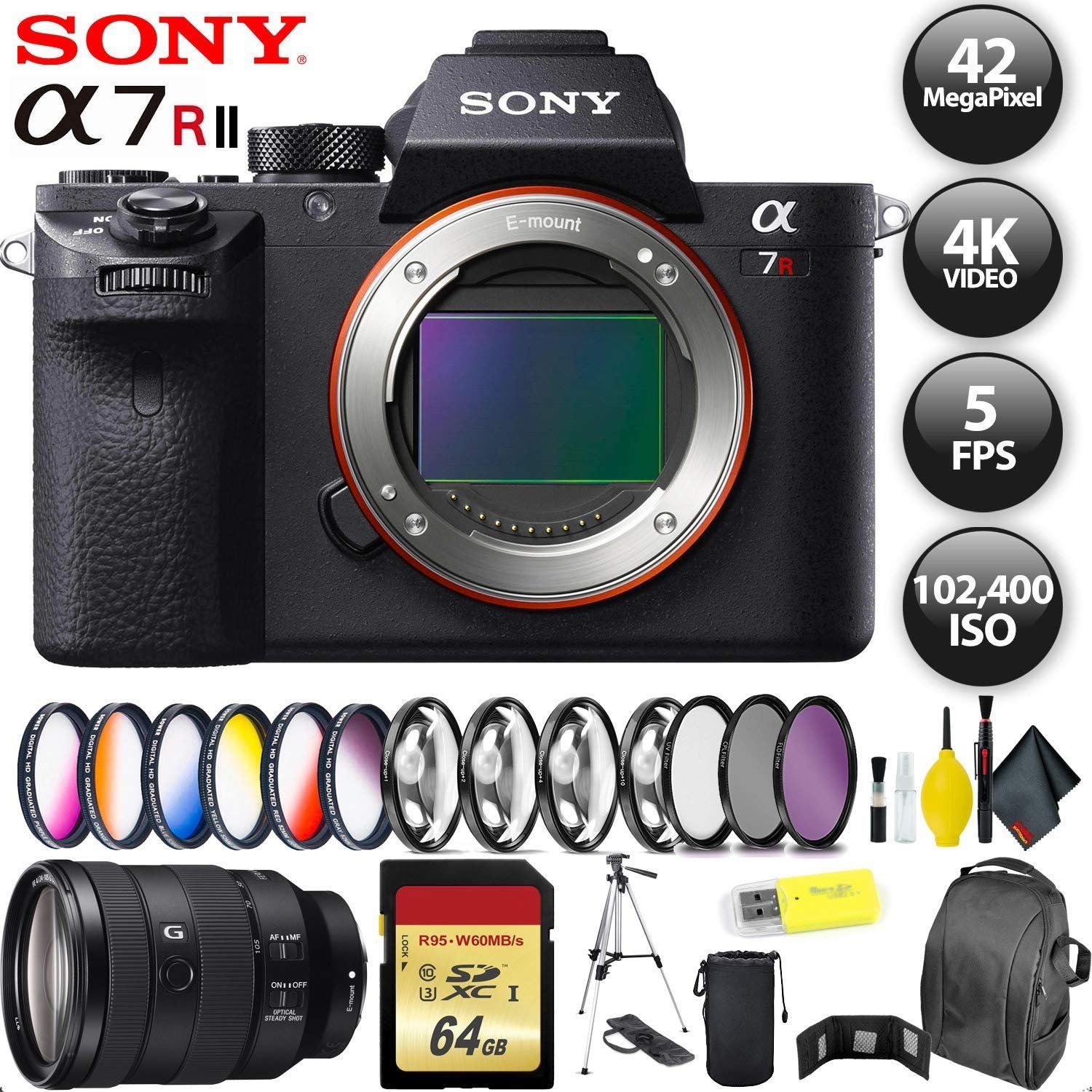 Sony Alpha a7R II Mirrorless Digital Camera International Model + 64GB Memory Card + Sony FE 24-105mm Lens
