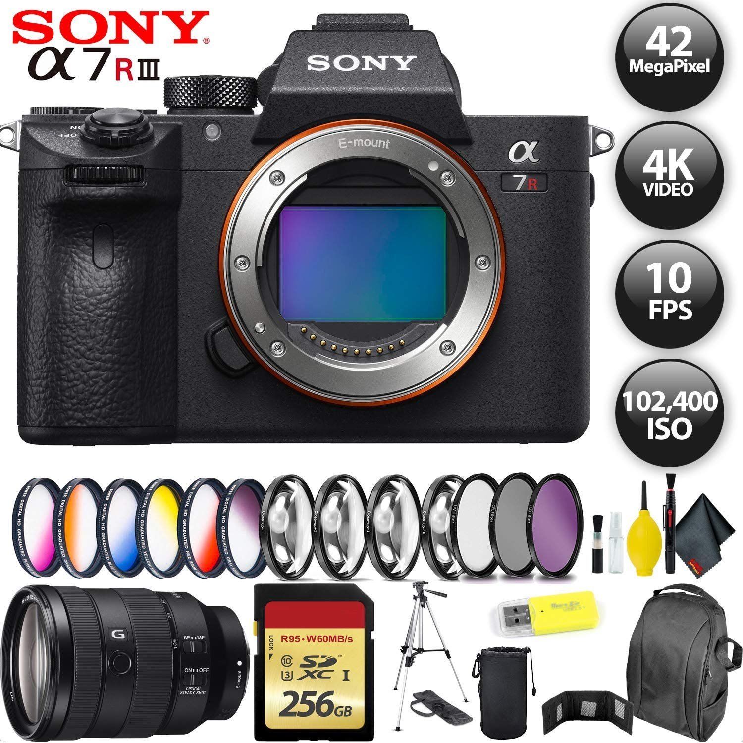 Sony Alpha a7R III Mirrorless Digital Camera + 256GB Memory Card + Sony FE 24-105mm Lens Bundle