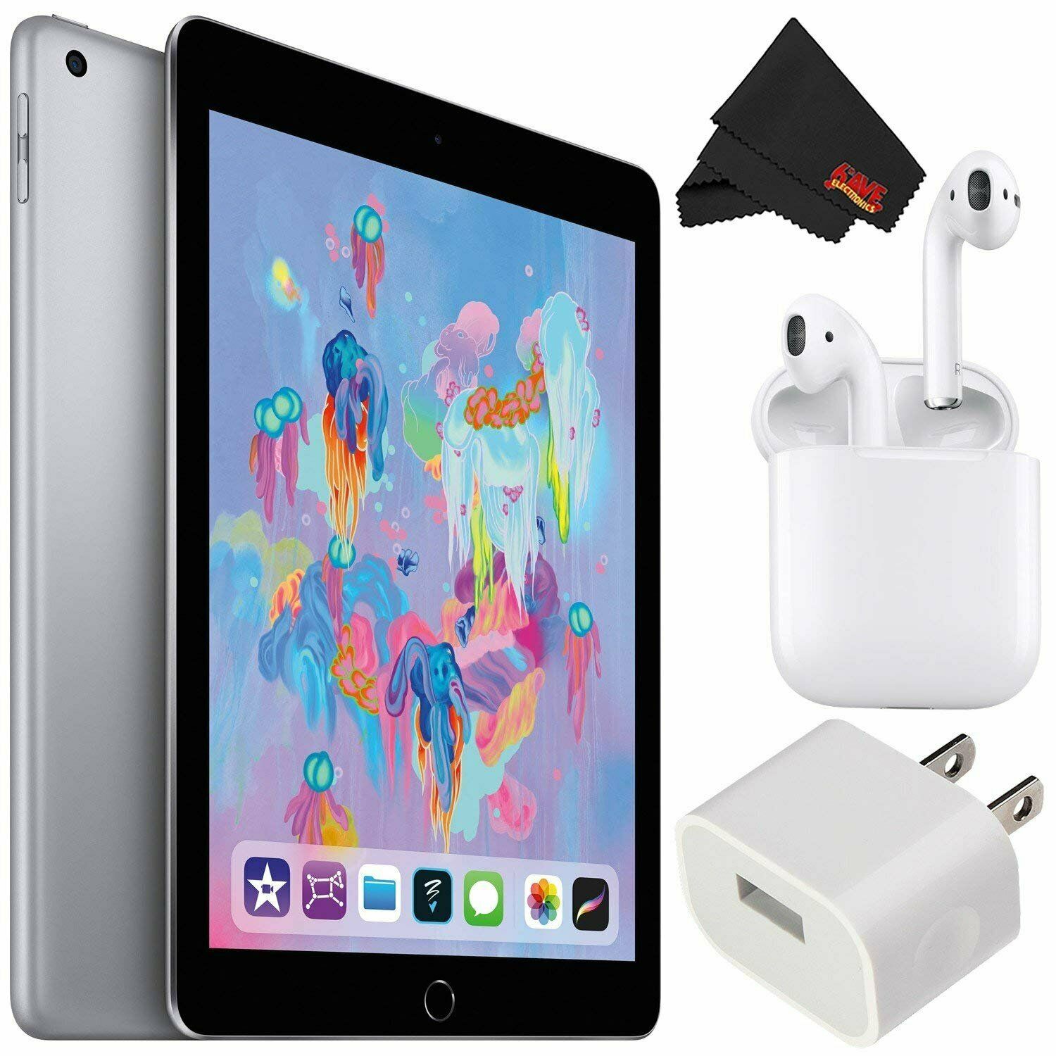 Apple 9.7 inch iPad Early 2018 Version, 32GB, Wi-Fi Only, Space Gray MR7F2LL/A - Standard Bundle w/Apple Airpods