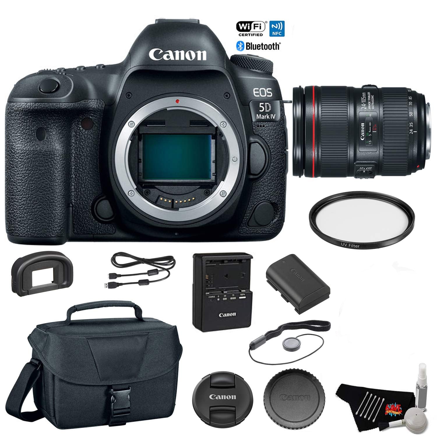 Canon EOS 5D Mark IV Digital SLR Camera with 24-105mm f/4L II Lens - Bundle with UV Filter + Canon Carrying Bag + Cleani