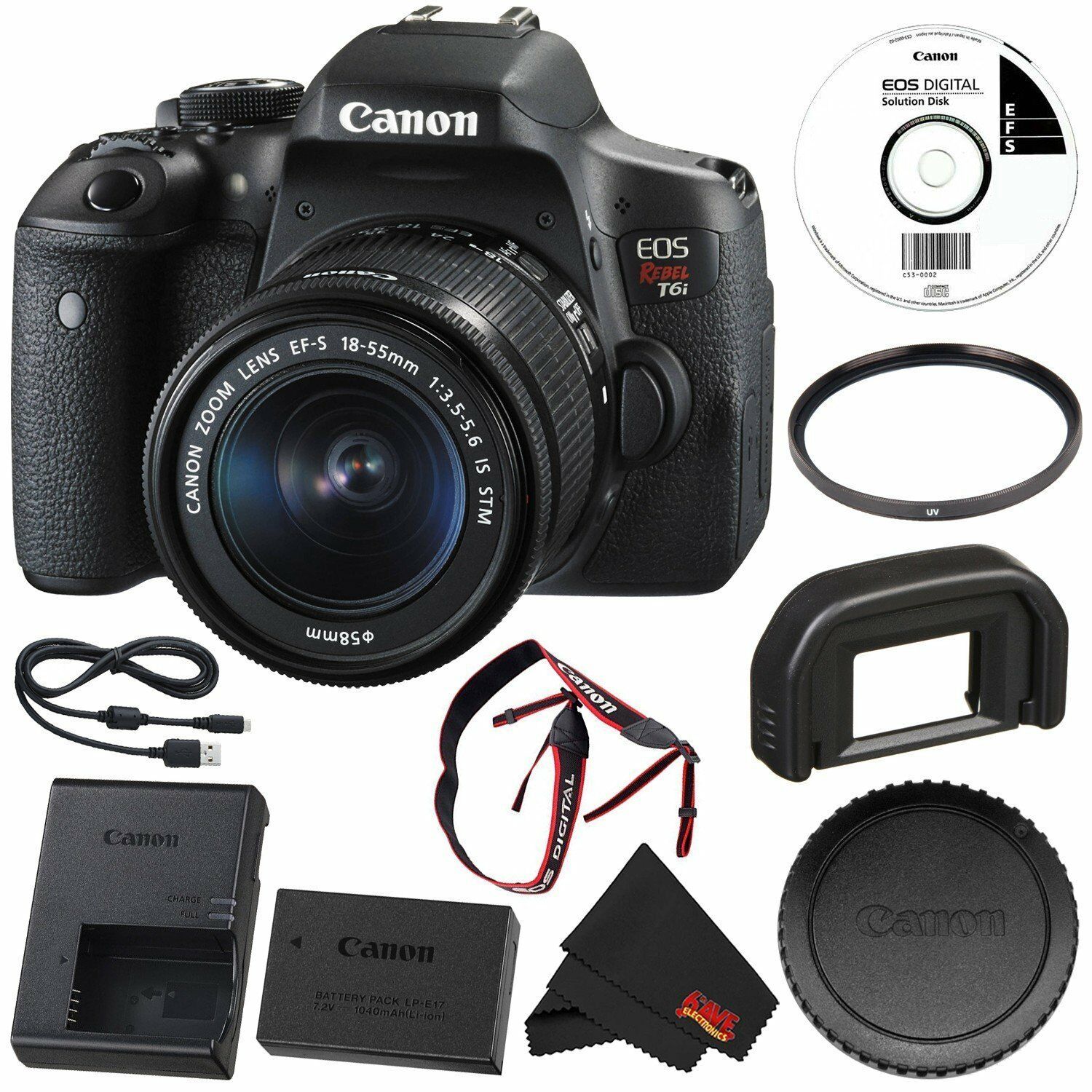 6Ave Canon EOS Rebel T6i DSLR Camera with EF-S 18-55mm f/3.5-5.6 IS STM Lens 0591C003 + 58mm UV Filter + MicroFiber Cloth Bundle