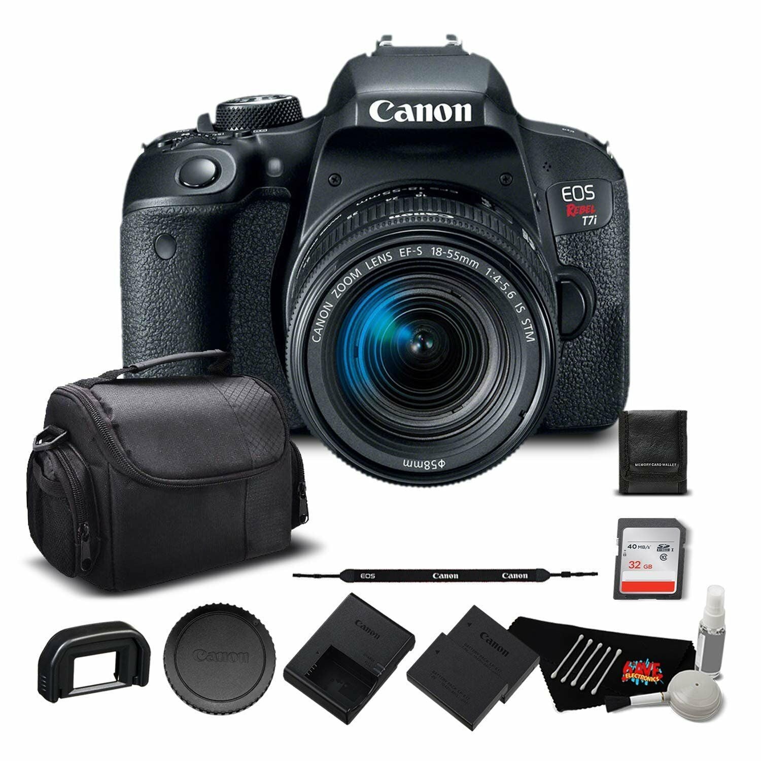Canon EOS Rebel T7i DSLR Camera with 18-55mm Lens 1894C002 - Bundle with 32GB Memory Card, Extra Battery + More