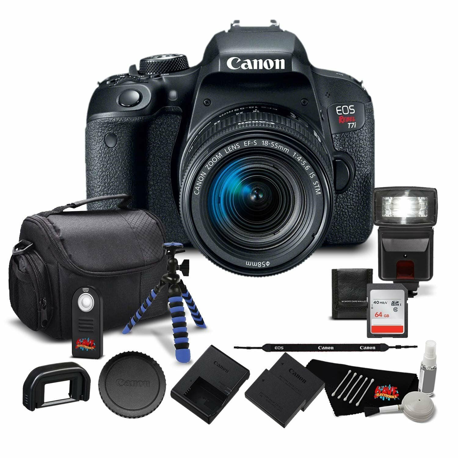 Canon EOS Rebel T7i DSLR Camera with 18-55mm Lens 1894C002 - Bundle with 64GB Memory Card, Extra Battery, Tripod + More