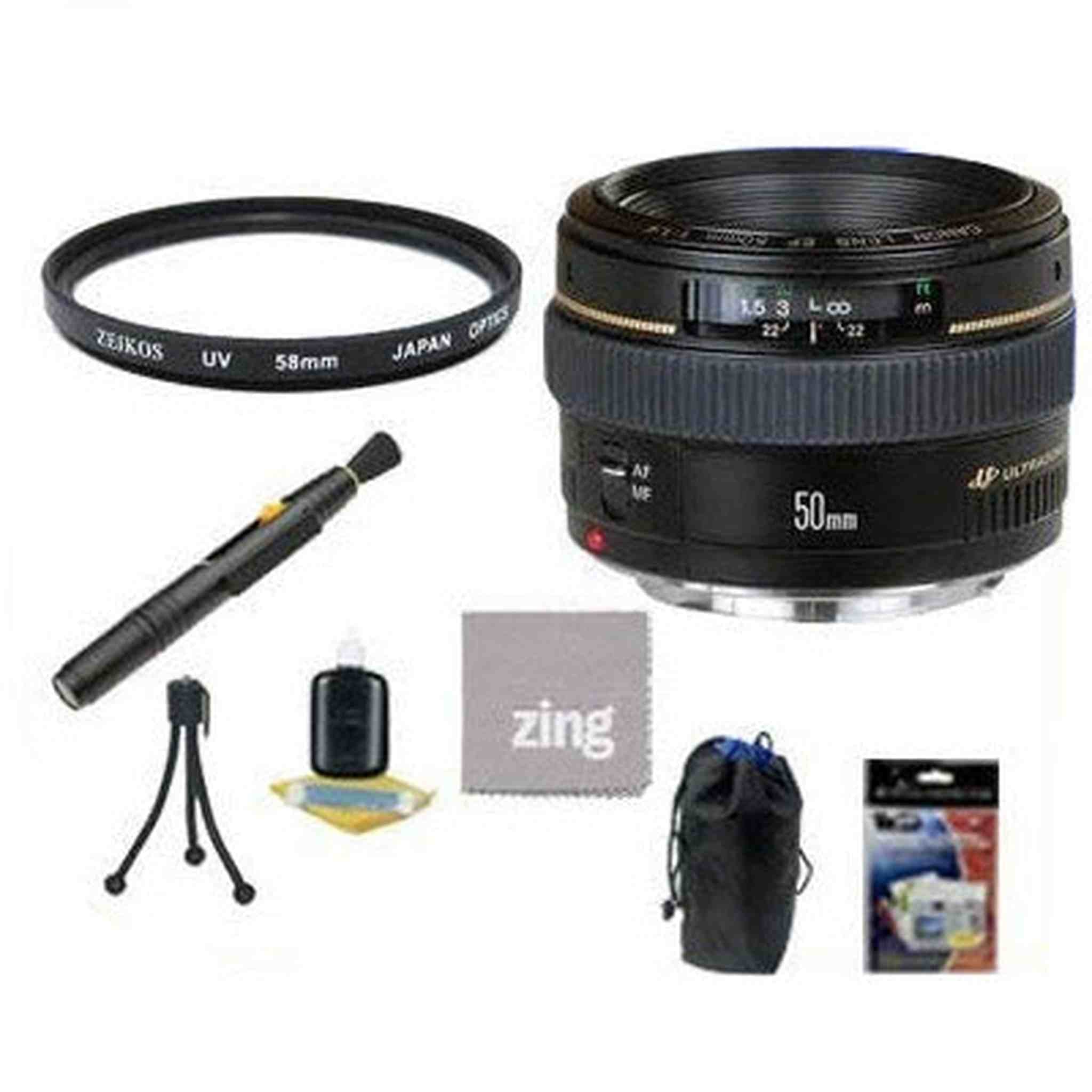 Canon EF 50mm f1.4 USM Standard & Medium Telephoto Lens for Canon SLR Cameras + 3 Piece Filter Kit w/Case + Lens Pouch + Microfiber Cleaning Cloth + Lens Pen Cleaner + Accessory Saver Bundle - Used Canon
