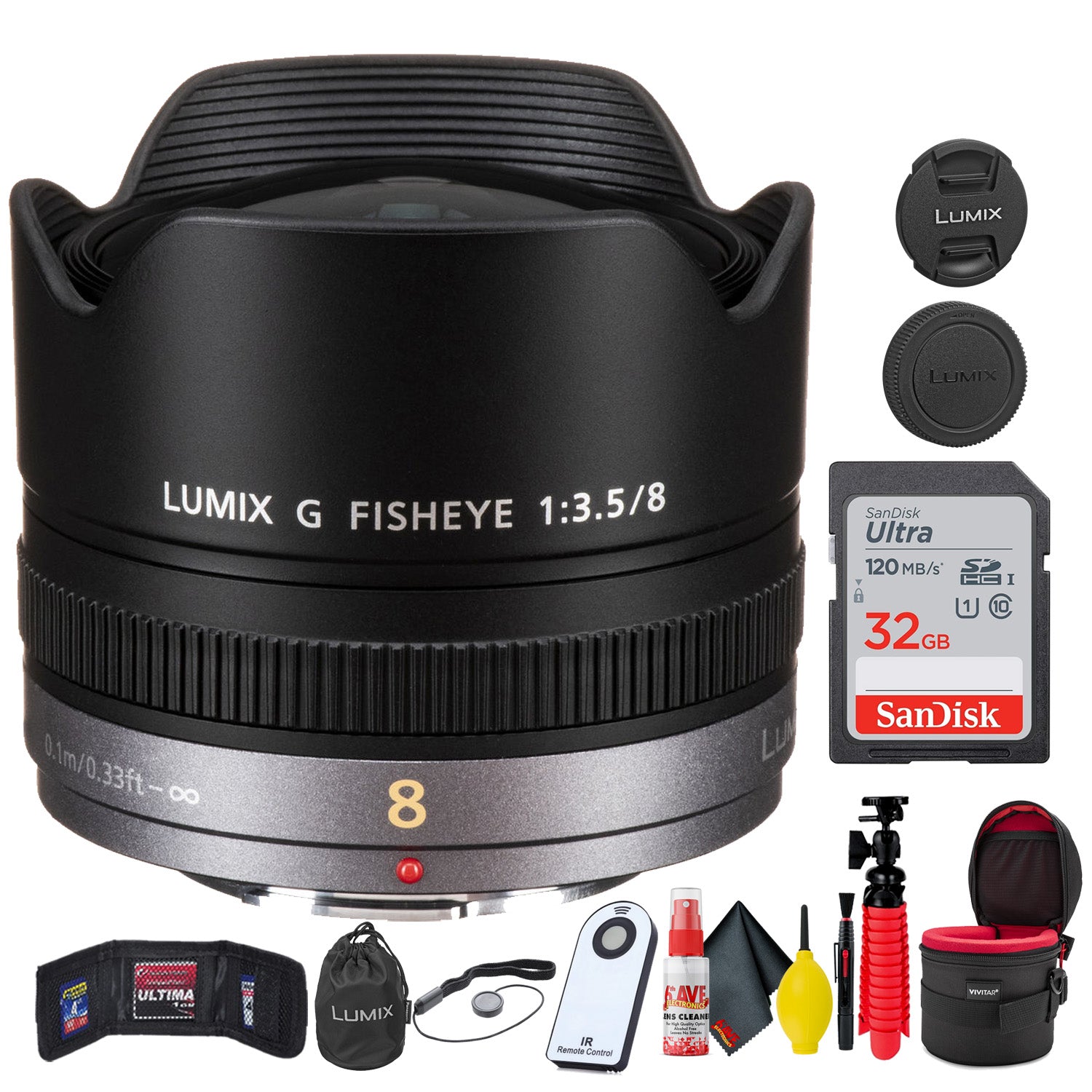 Panasonic Lumix G Fisheye 8mm f/3.5 Lens + Accessories Bundle Base Bundle