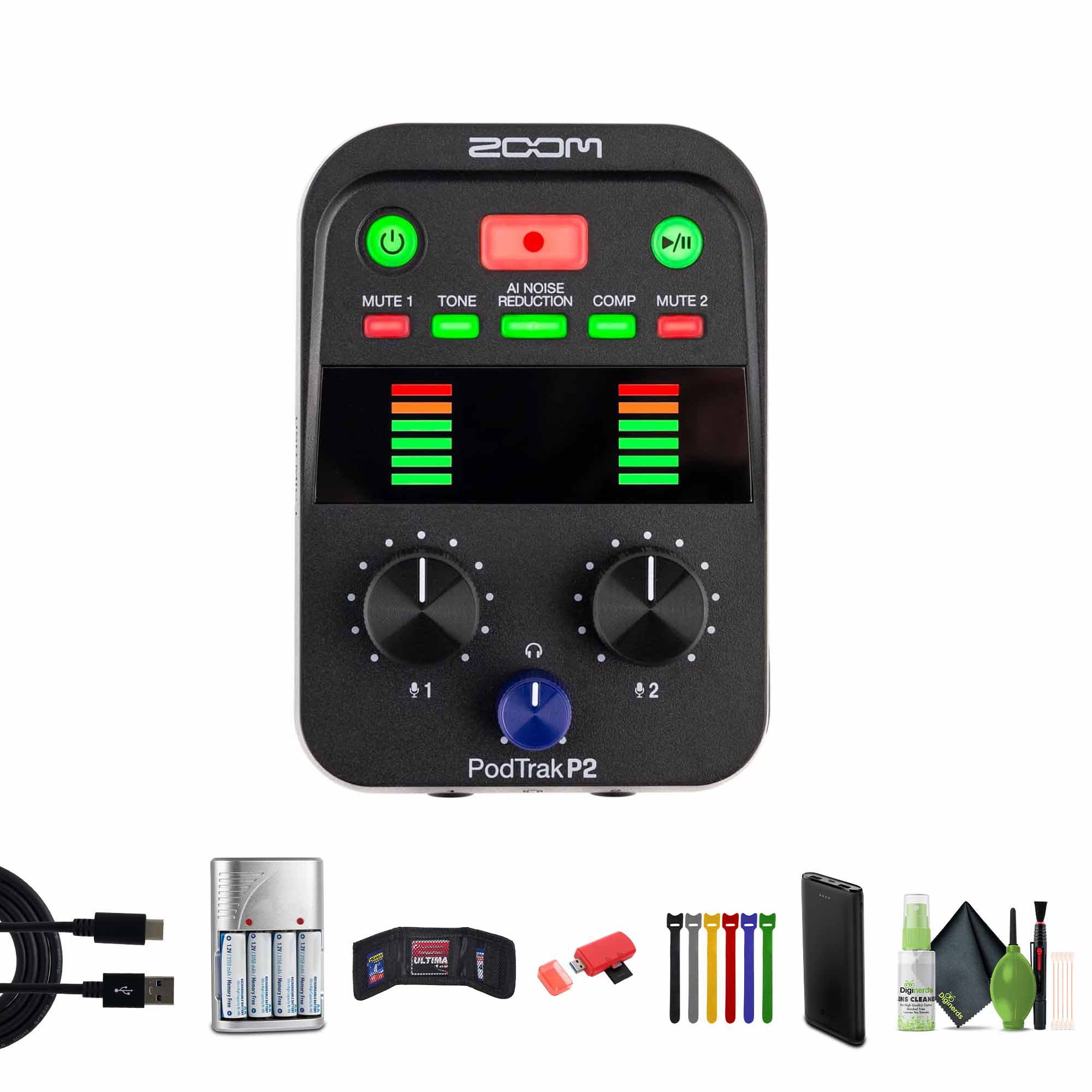 Zoom PodTrak P2 Podcast Recorder, Memory Card microSDXC Pro 64GB, Bundle