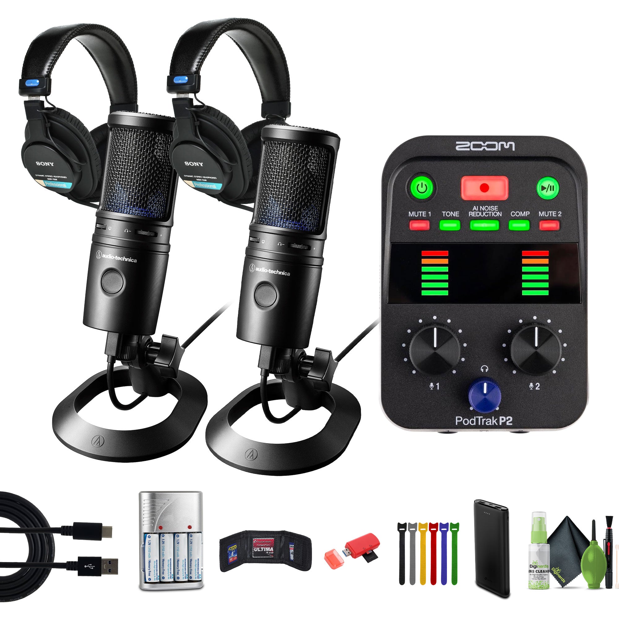 Zoom PodTrak P2 Podcast Recorder, Pack of 2 Sony MDR-7506 Headphones, Bundle