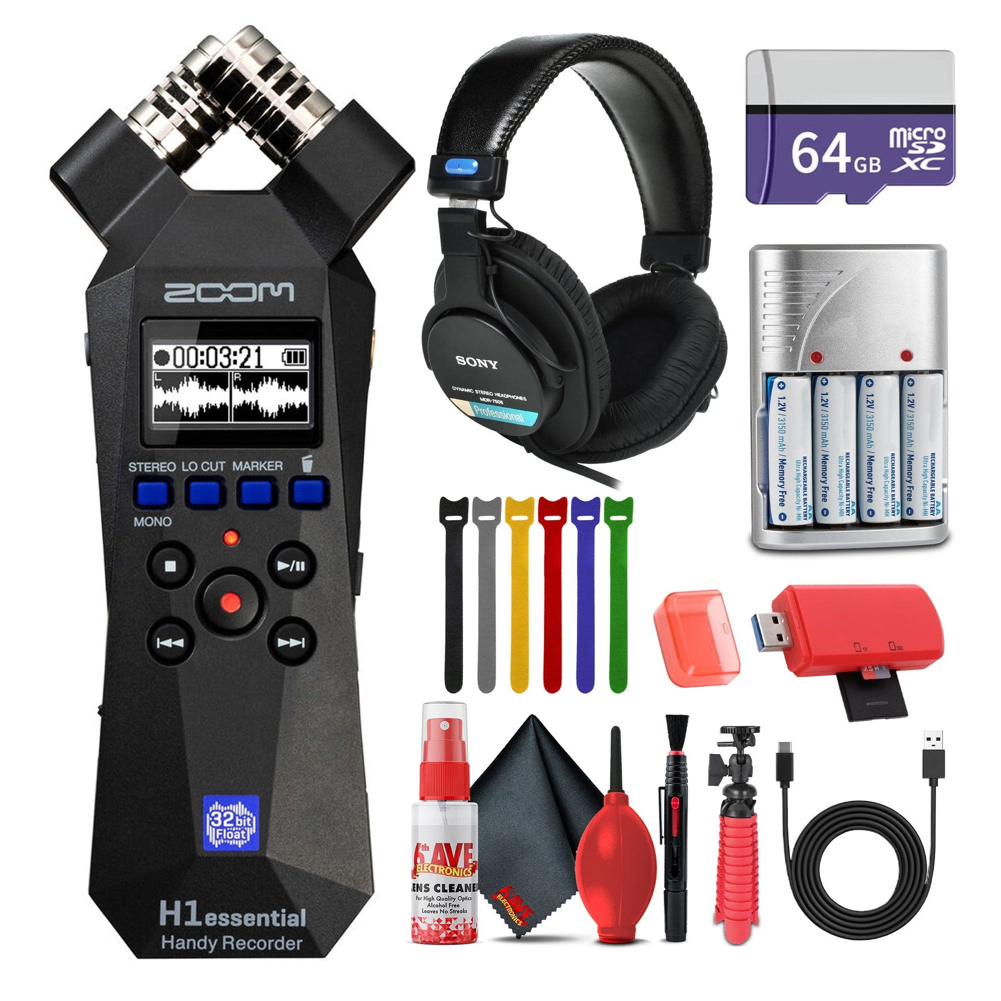 Zoom H1essential 2-Track 32-Bit Float Audio Recorder + Headphones, Bundle