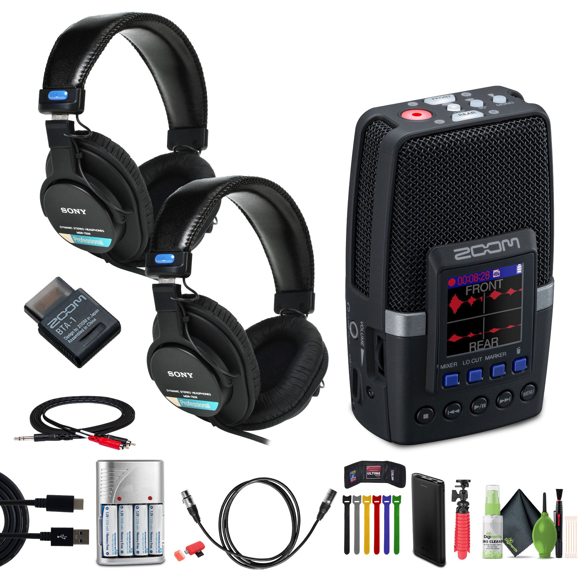 Zoom H2essential Multi-Mic Handy Recorder, Pack of 2 Sony Headphones, Bundle