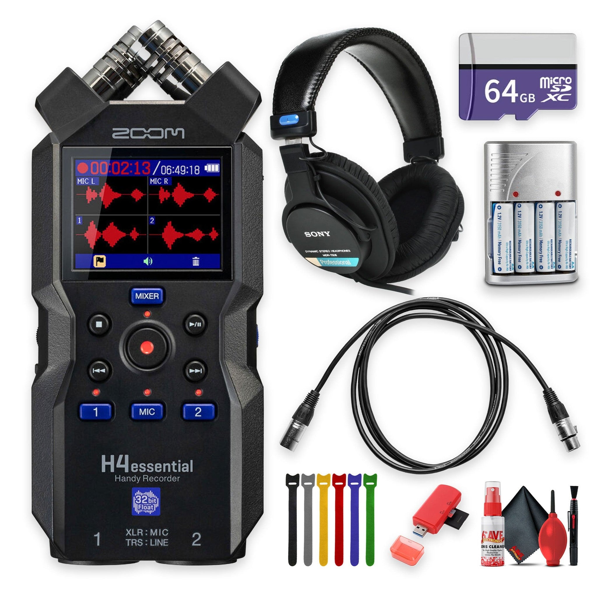 Zoom H4essential 4-Track 32-Bit Float Audio Recorder + Headphones, Bundle