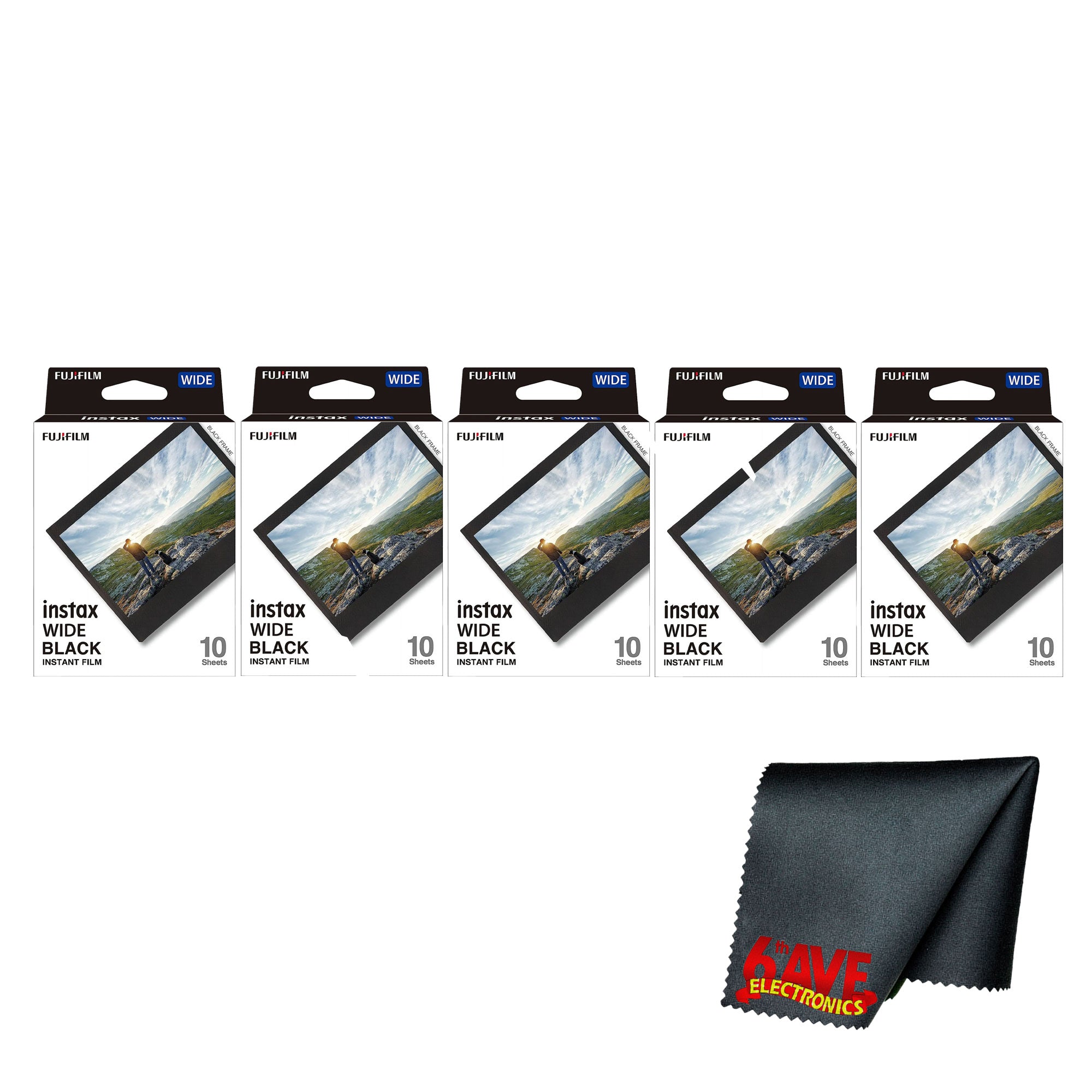 Fujifilm Instax Wide Black Instant Film 50 Exposures +Microfiber Cleaning Cloth