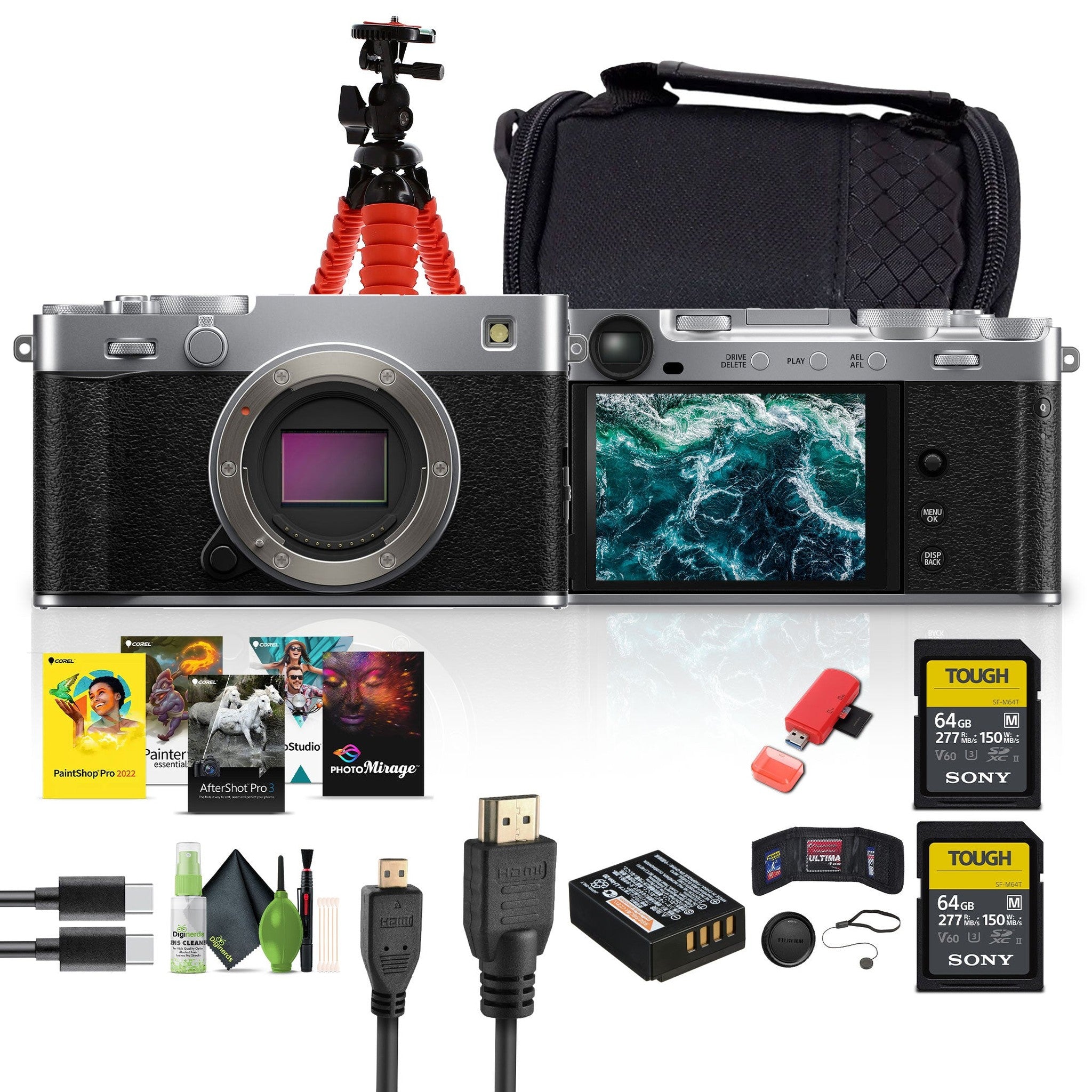 FUJIFILM X-E5 Mirrorless Digital Camera Silver , 2x 64GB UHS-II SDXC Memory Card