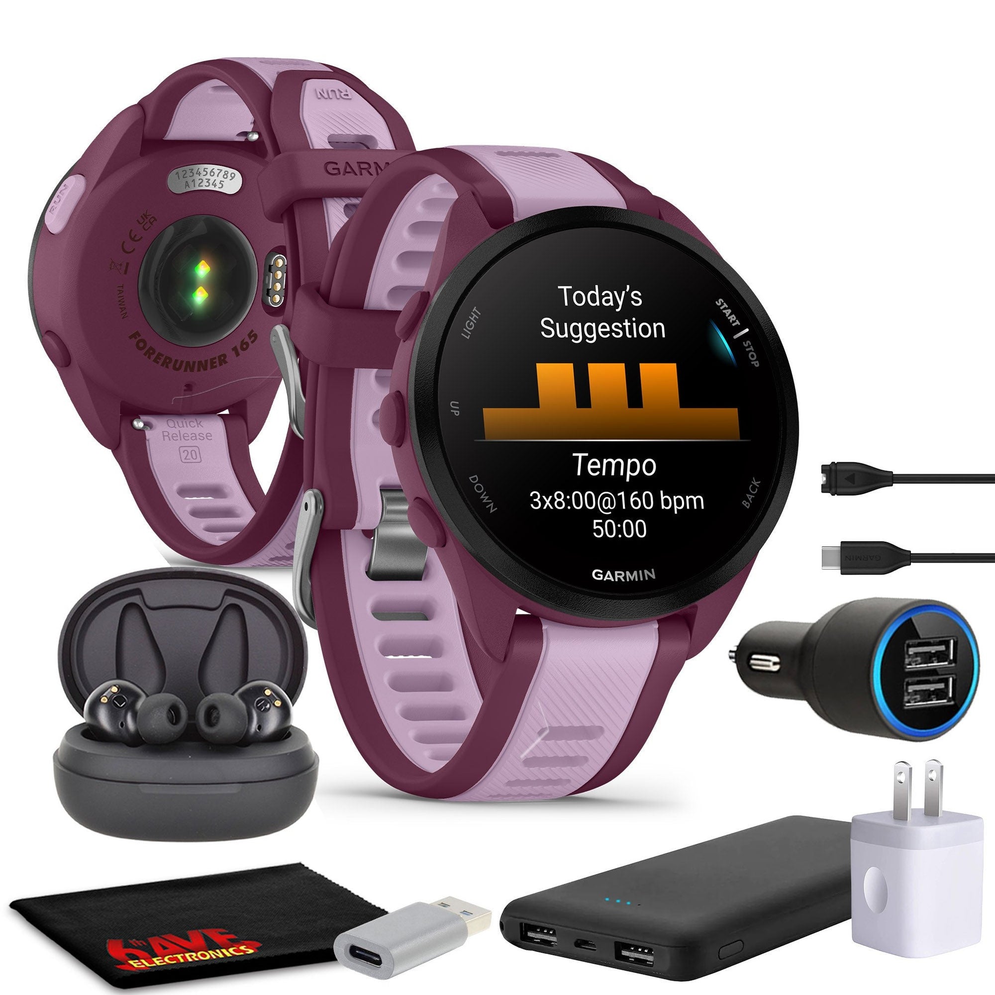 Garmin Forerunner 165 Music GPS Running Smart watch Bundle - Berry/Lilac
