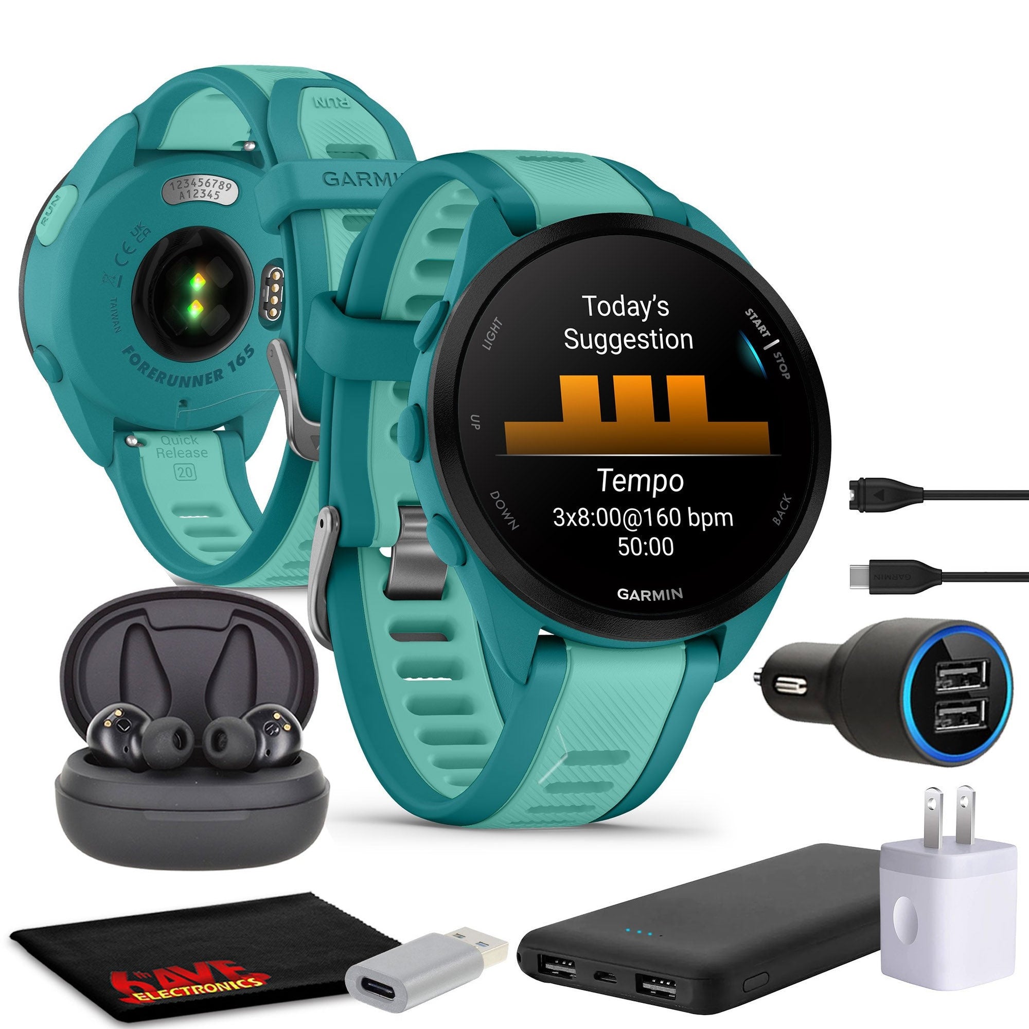 Garmin Forerunner 165 Music GPS Running Smart watch Bundle -  Turquoise/Aqua