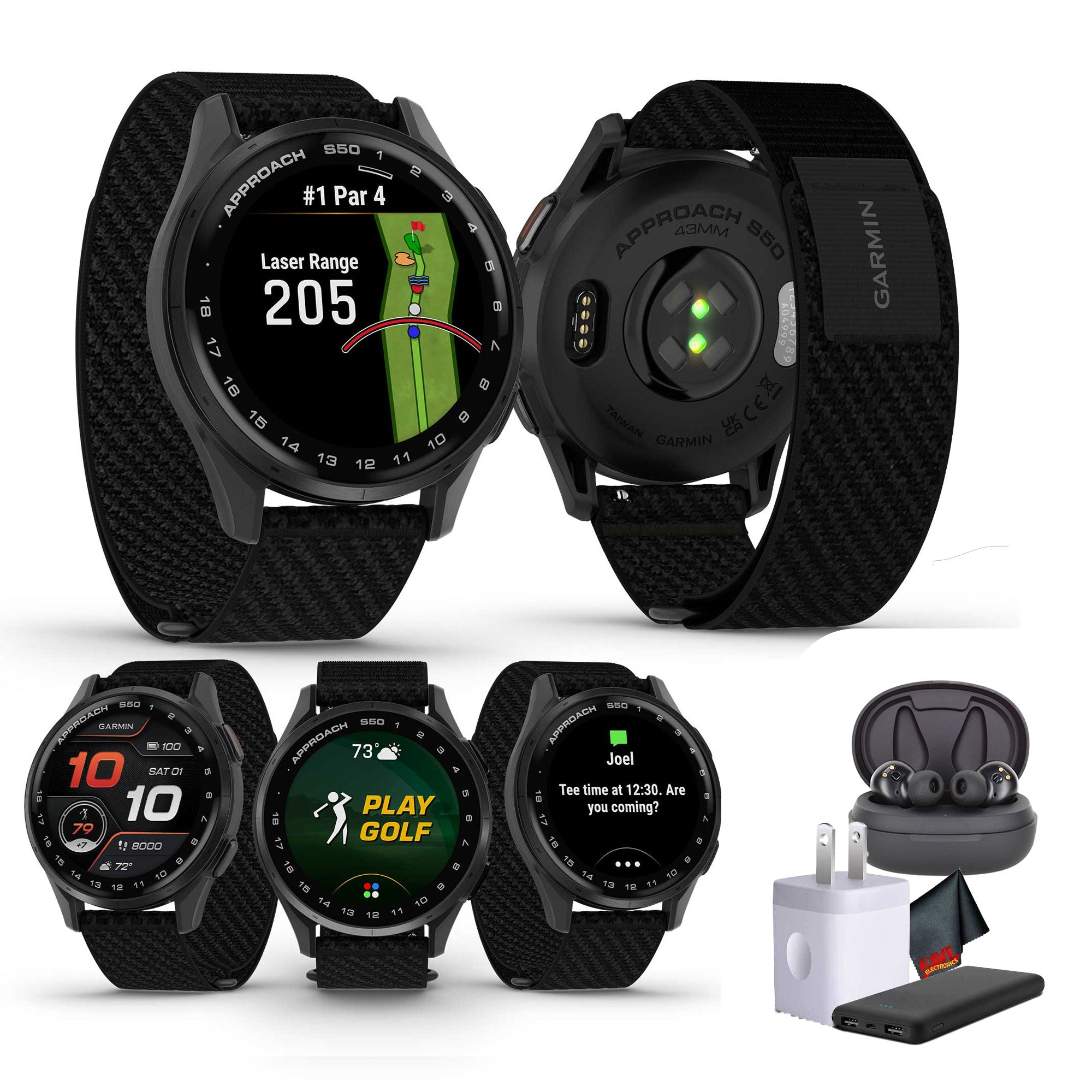 Garmin Approach S50, Slate/Black Nylon GPS Golf Smartwatch Bundle