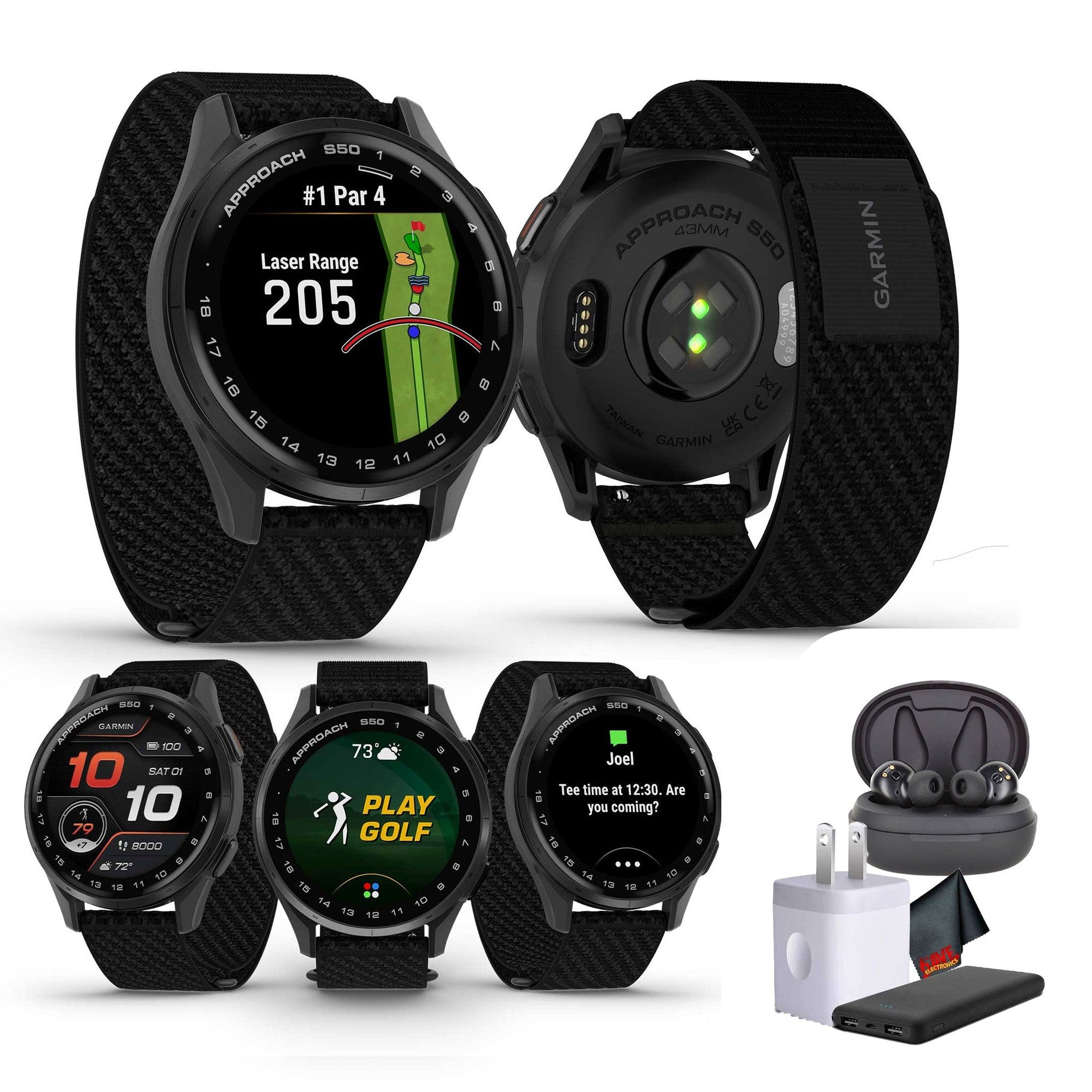 Garmin Approach S50, Slate/Black Nylon GPS Golf Smartwatch Bundle