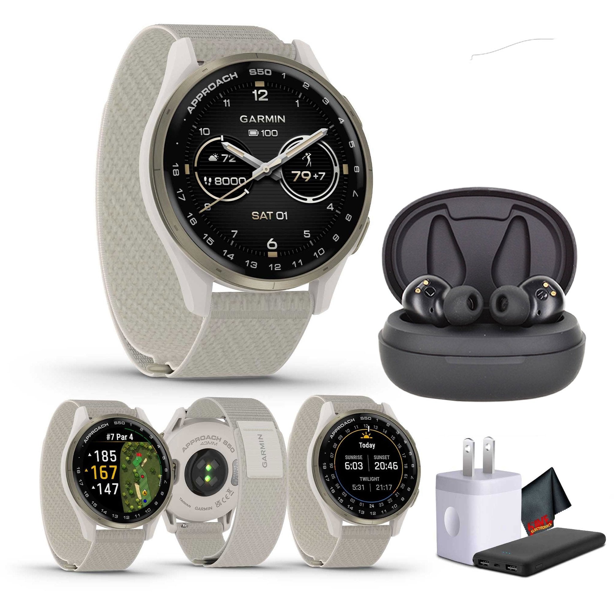 Garmin Approach S50, Cream Gold/Ivory Nylon GPS Golf Smart watch Bundle