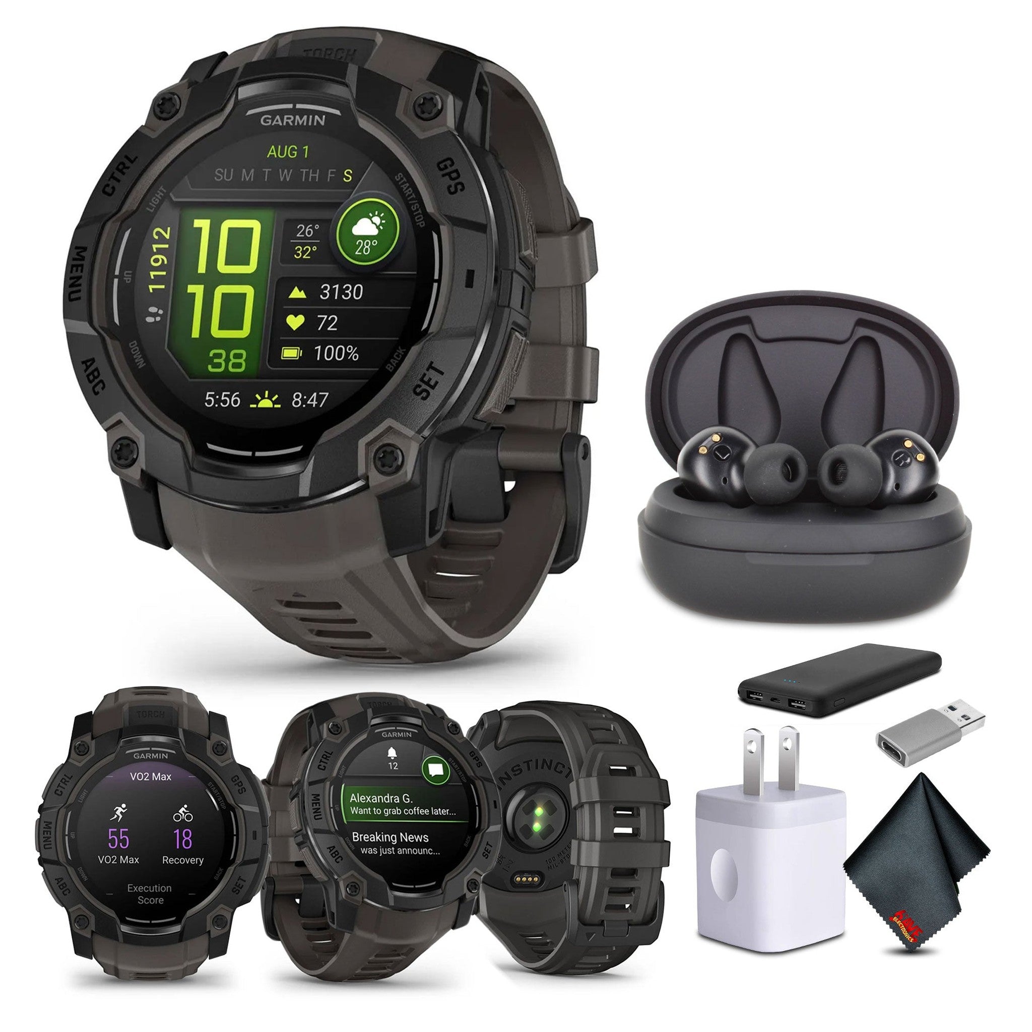 Garmin Instinct 3 50mm Outdoor GPS Smartwatch, 24 Days Battery Life Charcoal Bundle