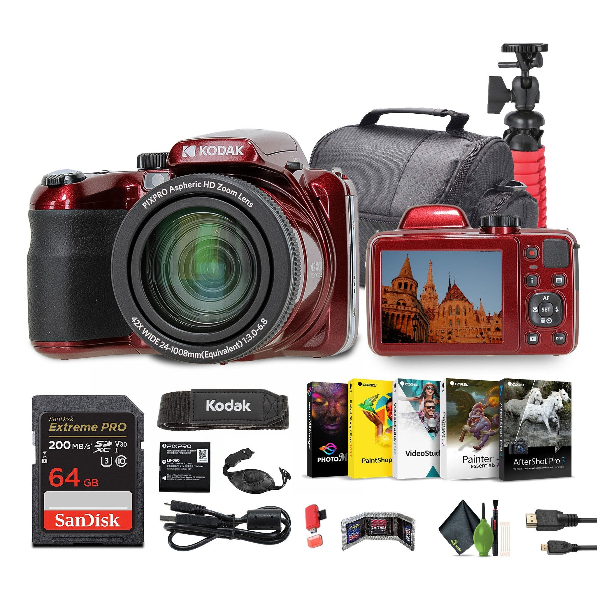 KODAK PIXPRO AZ425 20MP Digital Vlogging Camera +64GB Memory Card + More RED