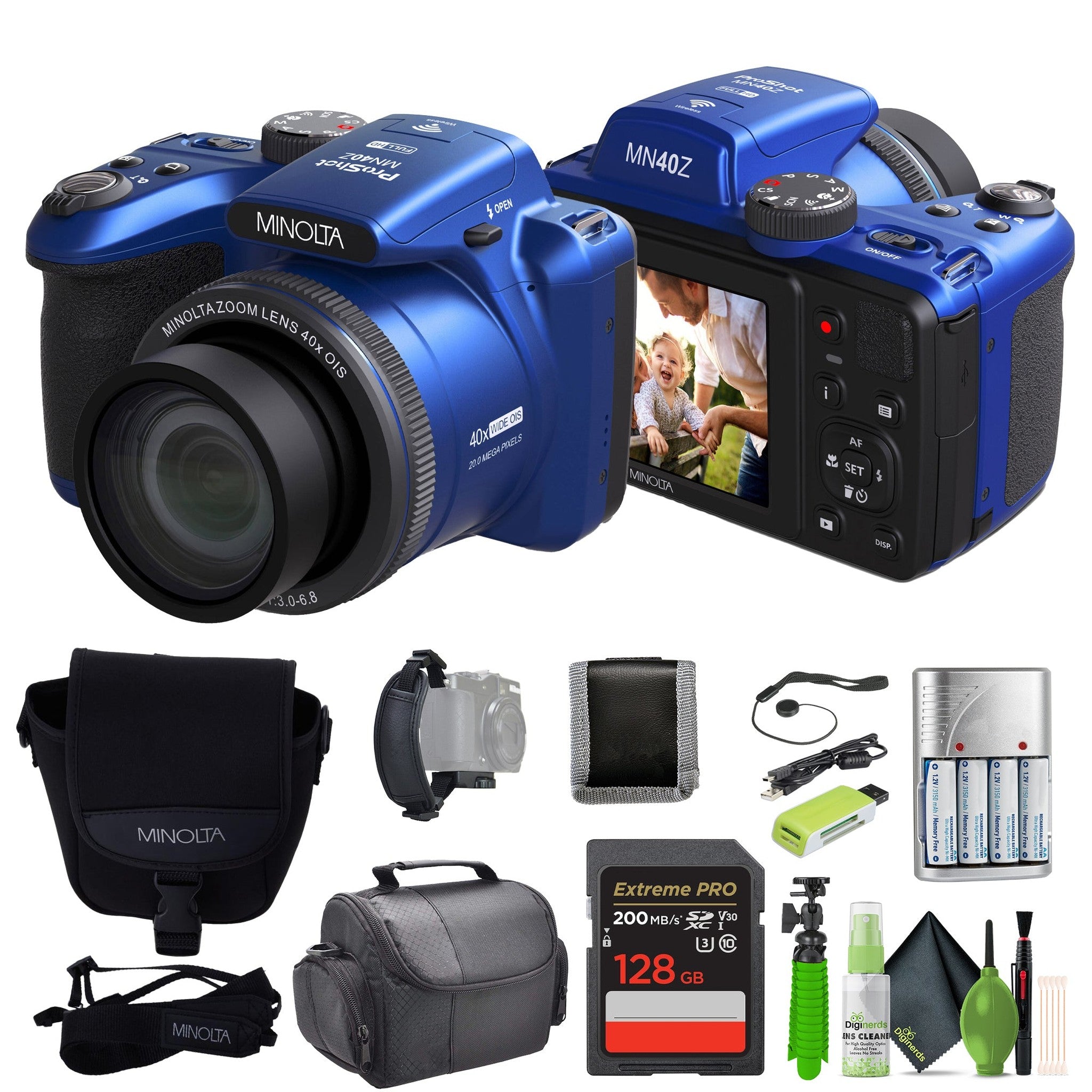Minolta 20 Mega Pixels 40x Optical Zoom Digital Camera, 1080p FHD Video Bundle, Blue Minolta
