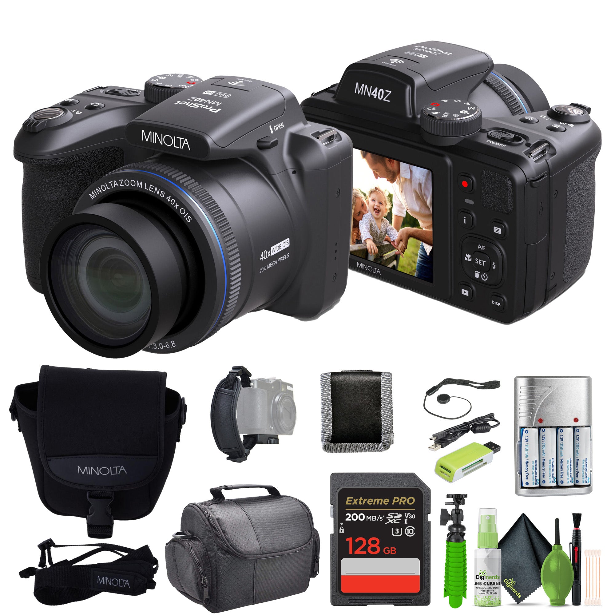 Minolta 20 Mega Pixels 40x Optical Zoom Digital Camera, 1080p FHD Video Bundle, Black