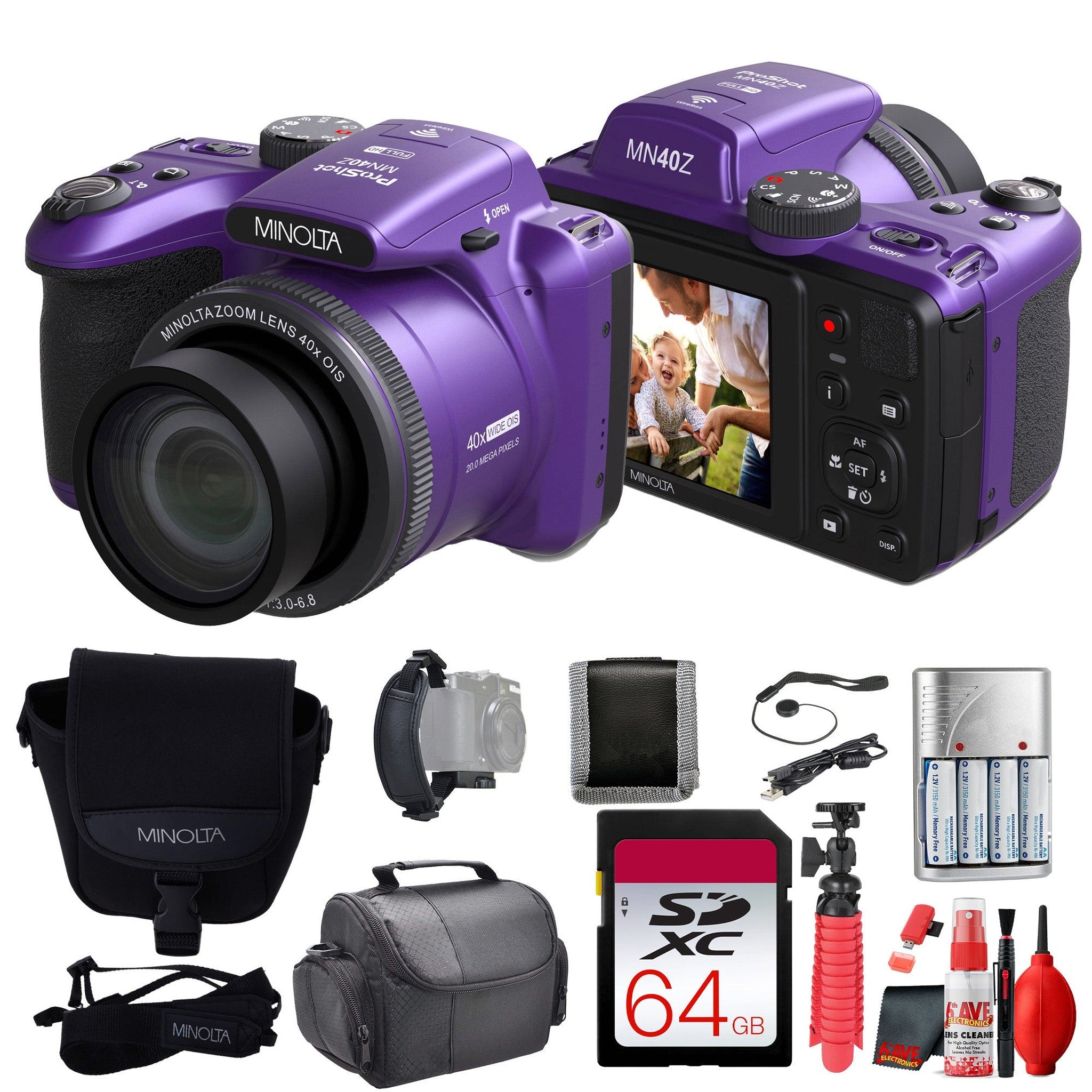 Minolta 20 Mega Pixels 40x Optical Zoom Digital Camera, 1080p FHD Video Bundle, Purple