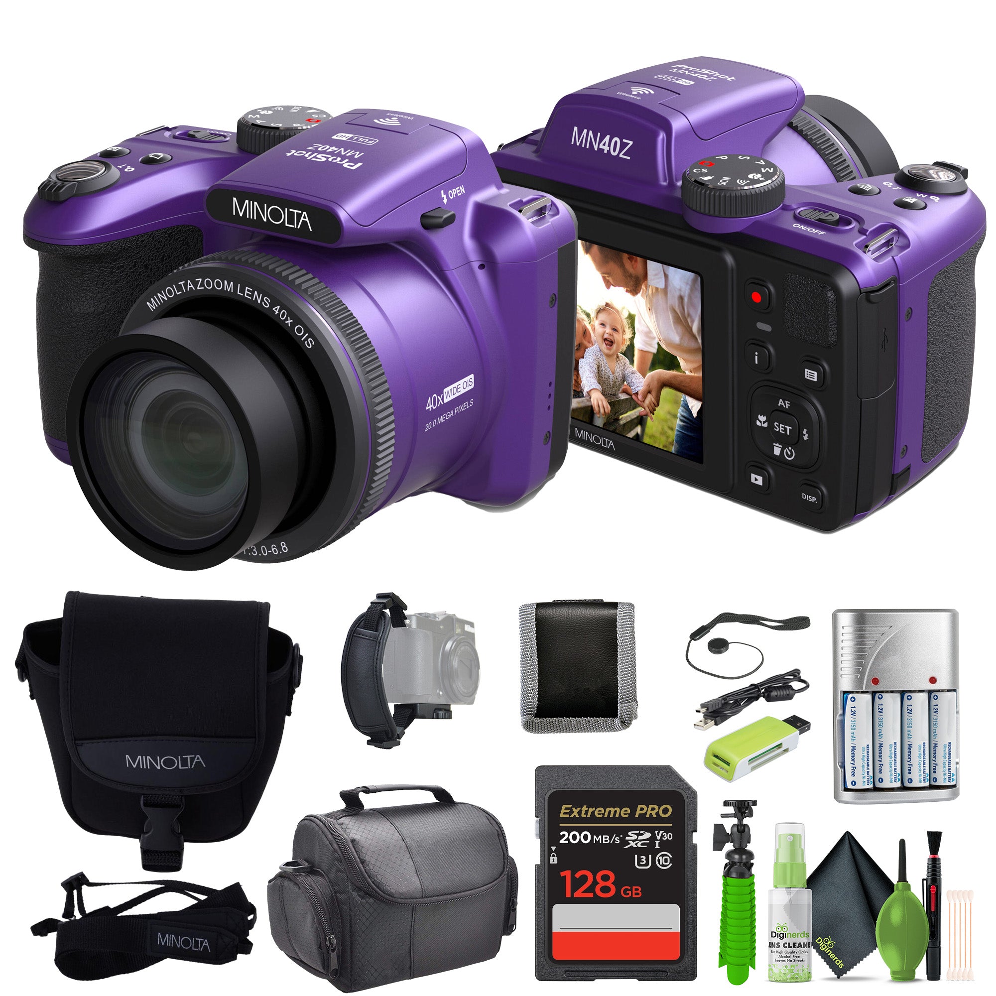 Minolta 20 Mega Pixels 40x Optical Zoom Digital Camera, 1080p FHD Video Bundle, Purple