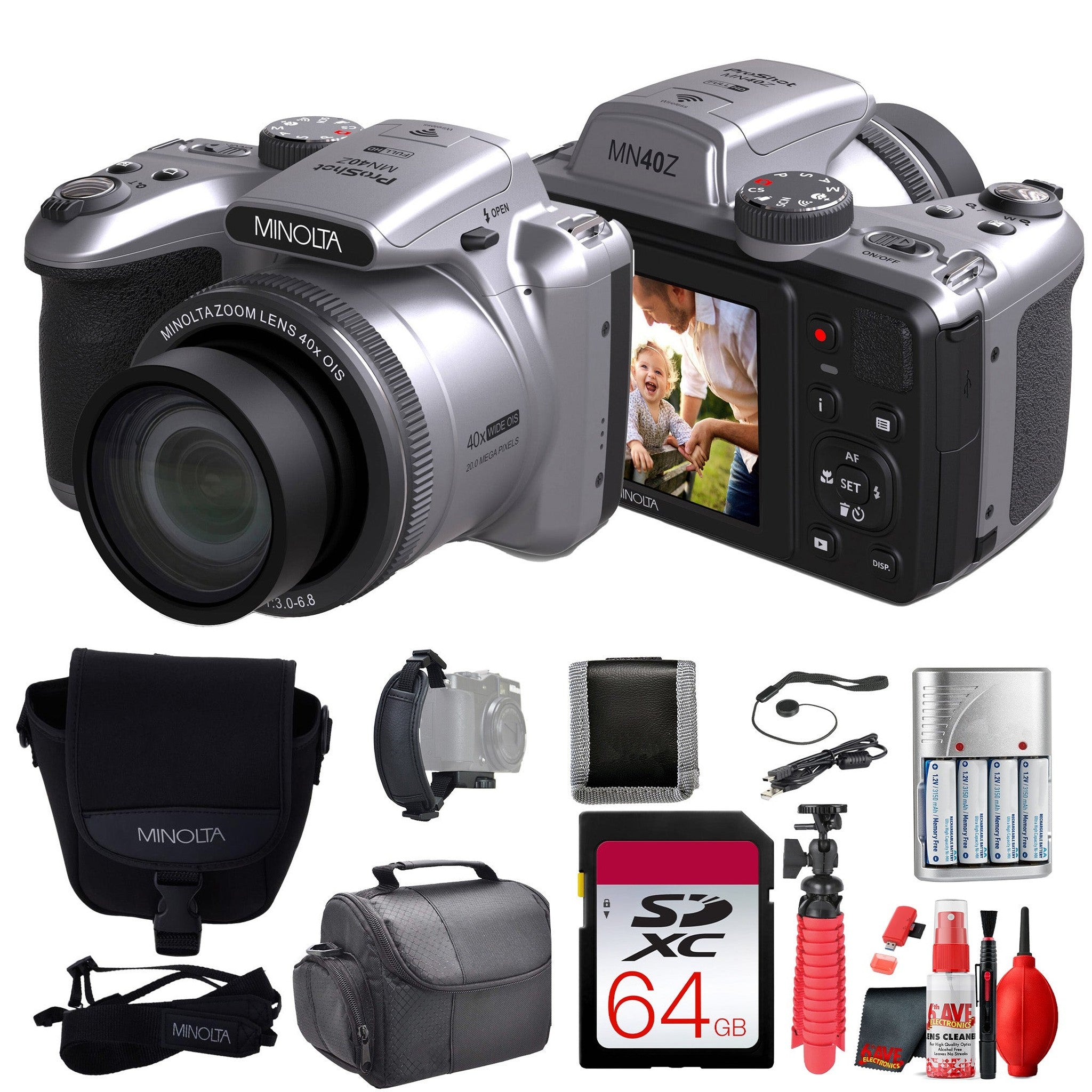 Minolta 20 Mega Pixels 40x Optical Zoom Digital Camera, 1080p FHD Video Bundle, Silver