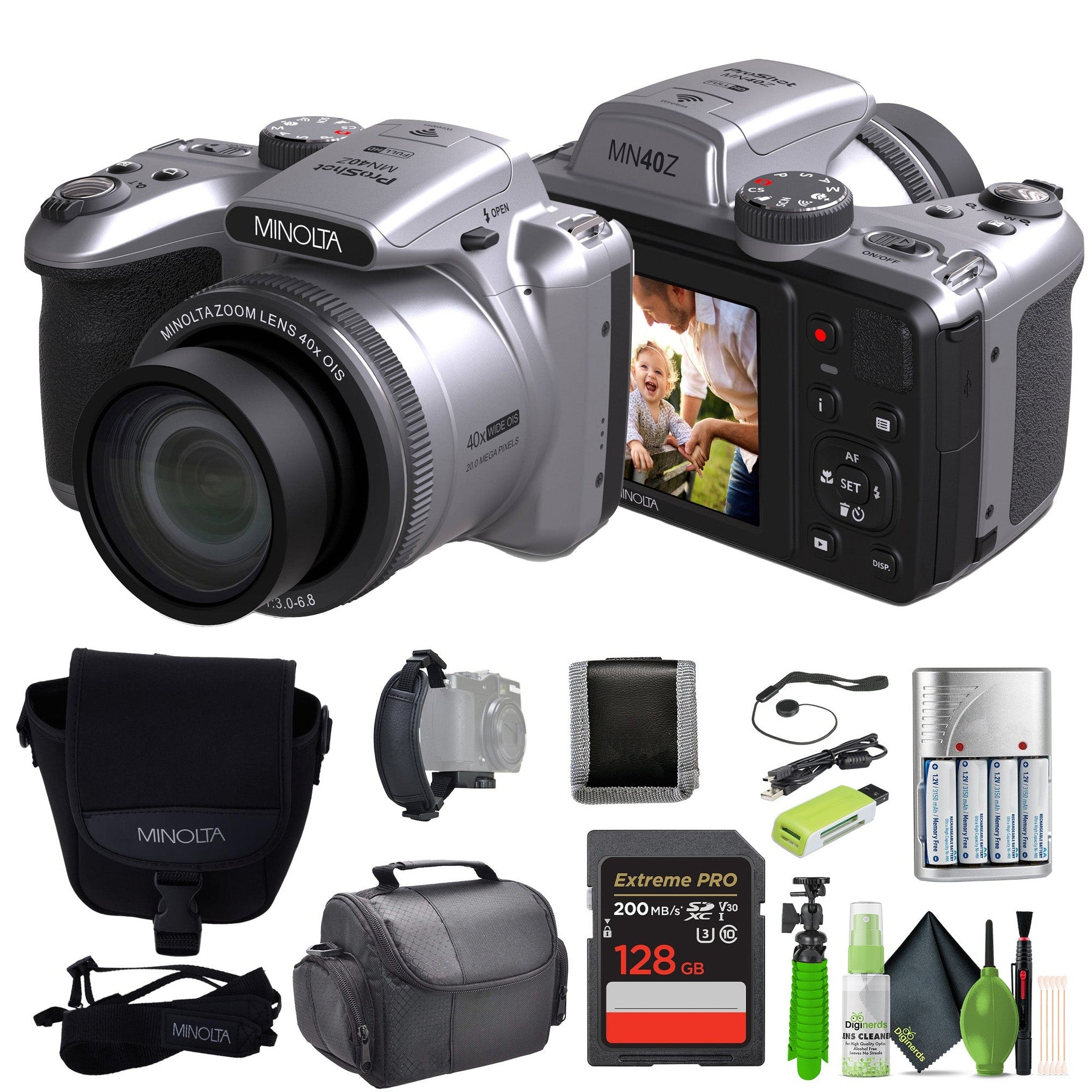 Minolta 20 Mega Pixels 40x Optical Zoom Digital Camera, 1080p FHD Video Bundle, Silver Minolta