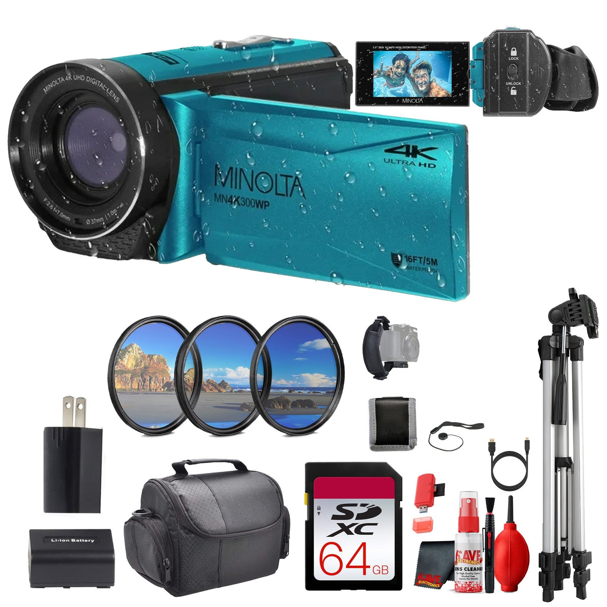 Minolta MN4K300WP 4K Ultra HD / 56 MP Waterproof Camcorder - Blue - Bundle