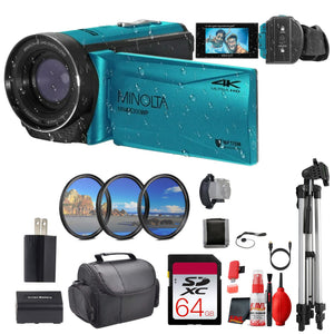 Minolta MN4K300WP 4K Ultra HD / 56 MP Waterproof Camcorder - Blue - Bundle