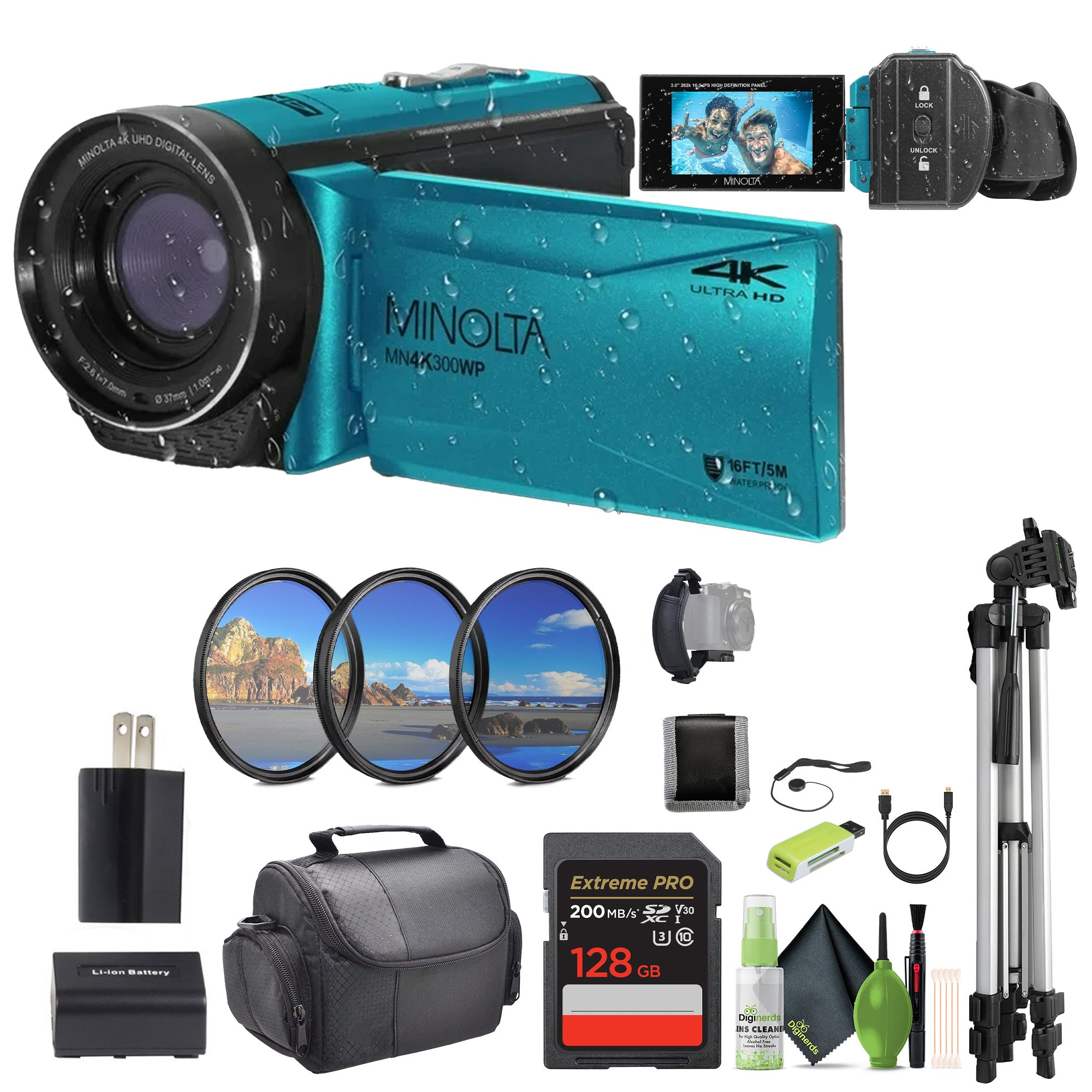 Minolta MN4K300WP 4K Ultra HD / 56 MP Waterproof Camcorder - Blue - Bundle