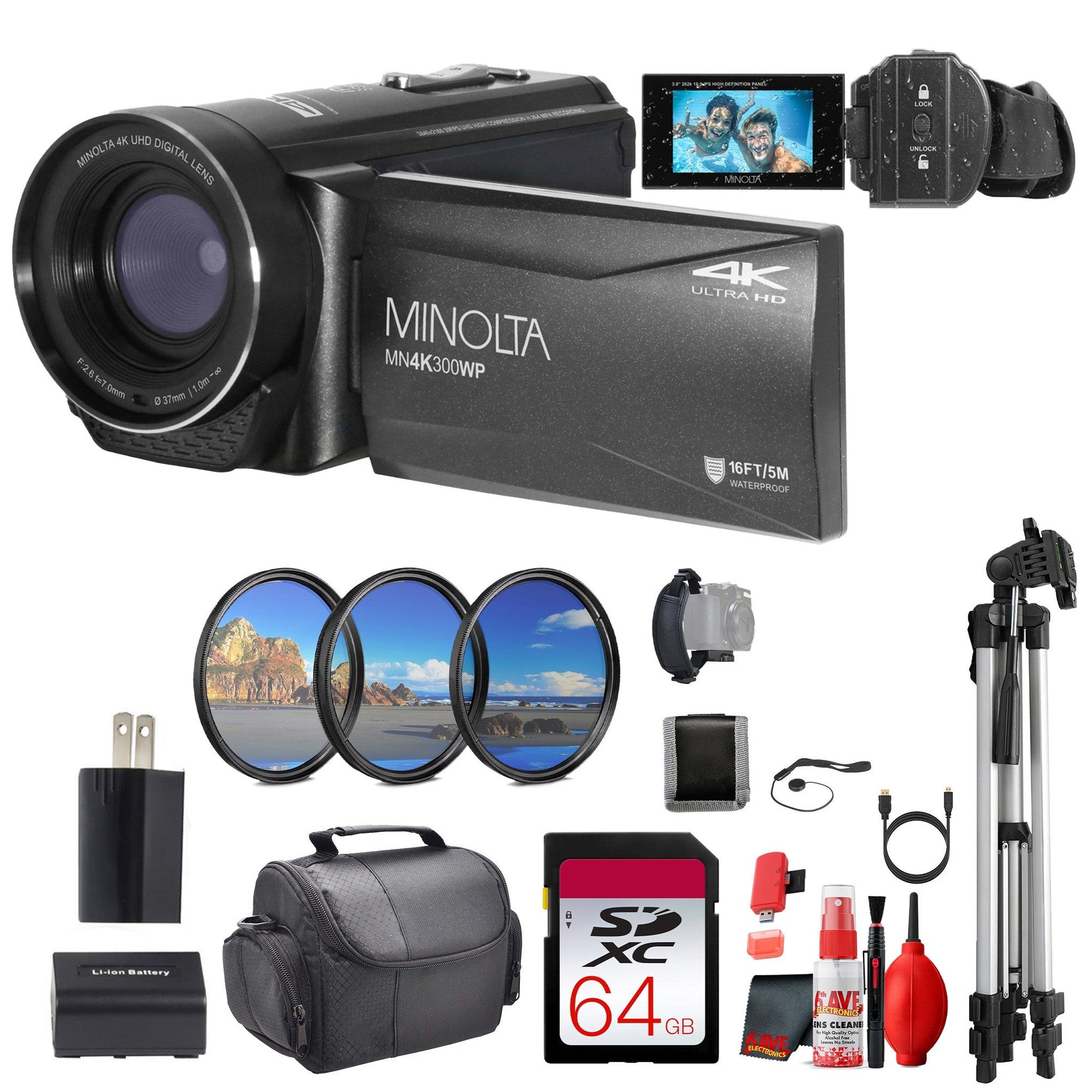 Minolta MN4K300WP 4K Ultra HD / 56 MP Waterproof Camcorder - Black - Bundle
