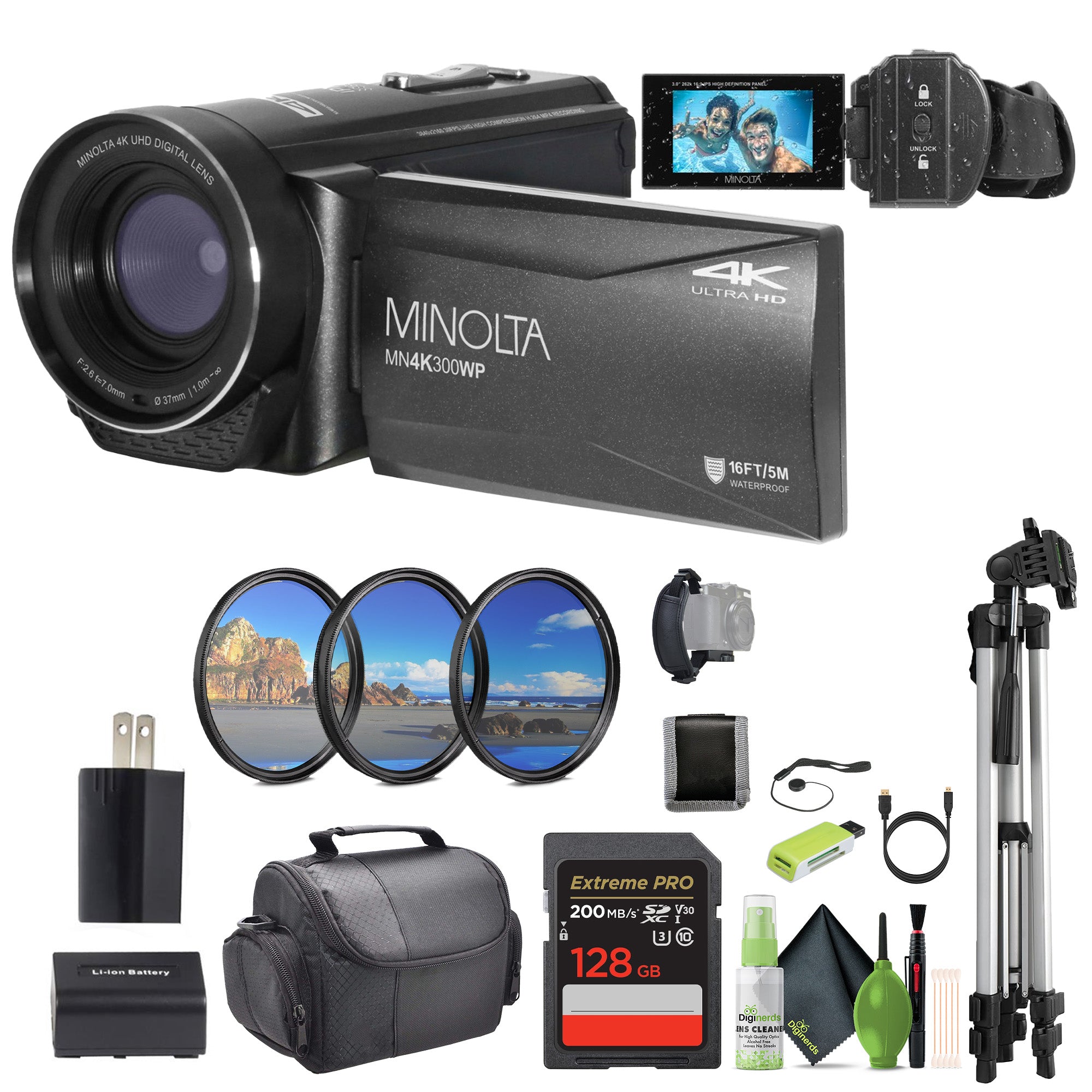 Minolta MN4K300WP 4K Ultra HD / 56 MP Waterproof Camcorder - Black - Bundle