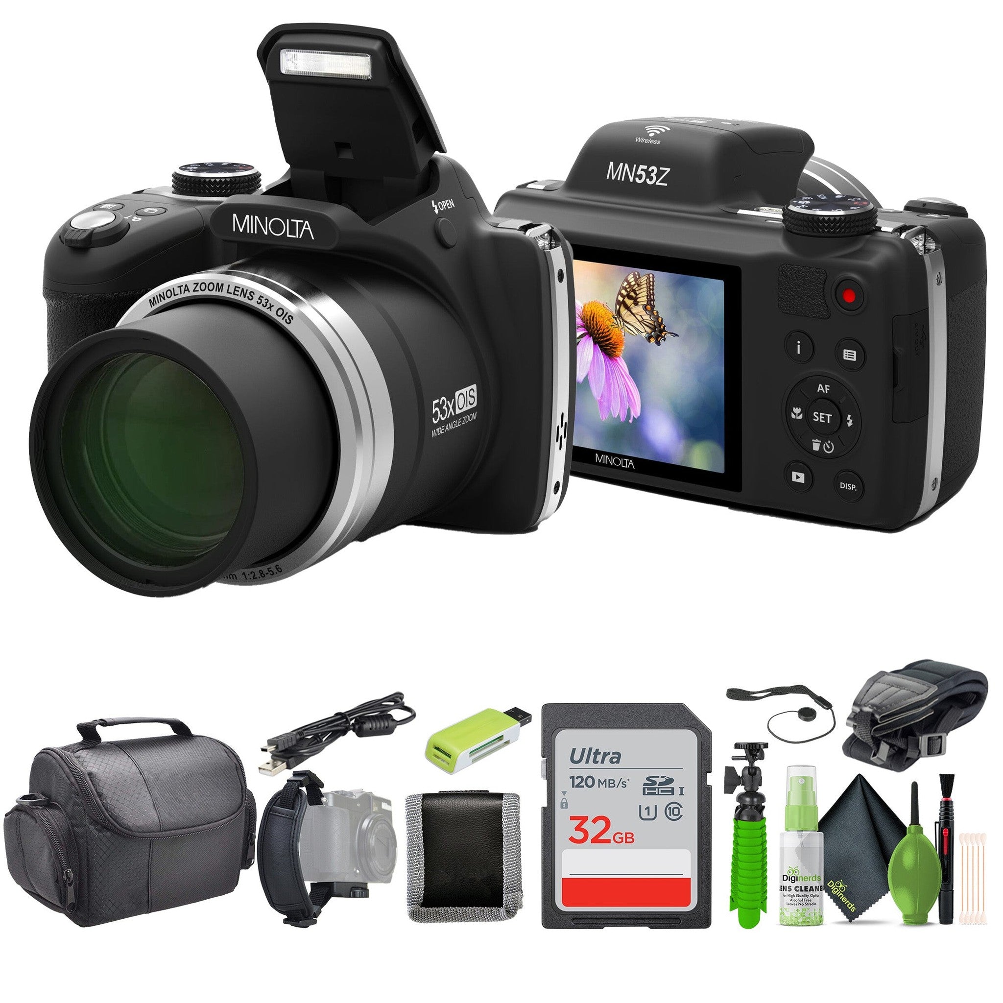 Minolta Pro Shot MN53Z 16 MP HD Digital Camera with 53x Zoom, 1080p HD Video Bundle Black Minolta